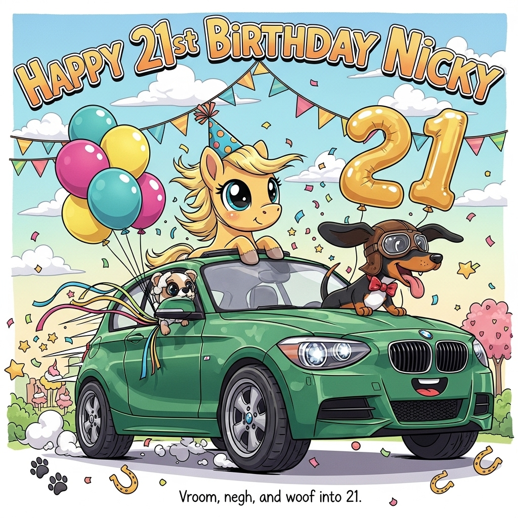 BMw 1Series British Racing Green, Yellow Pony, Black and White Daschund, and Birthday Card