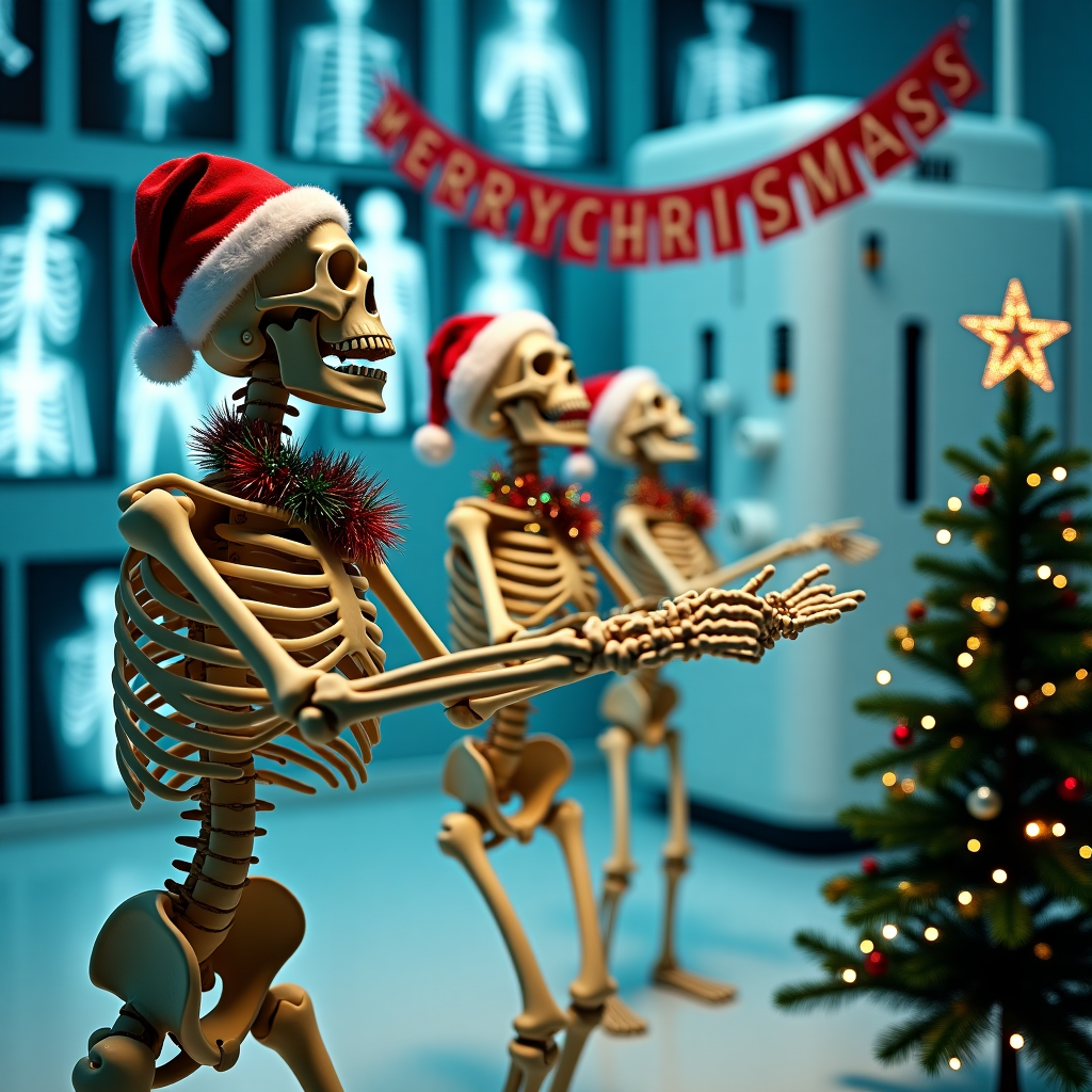 In the heart of a whimsical X-ray room, the stage is set for a delightfully quirky Christmas celebration. Dominating the foreground, a trio of jolly skeletons takes center stage, their bony limbs frozen in a jubilant dance. Each skeleton sports a bright red Santa hat perched jauntily atop their grinning skulls, the white fluffy trim contrasting sharply against their ivory craniums. Around their necks, sparkling strands of multicolored tinsel twinkle merrily under the fluorescent lighting, adding a festive flair to their skeletal attire. Overhead, a "Merry Christmas" banner stretches across the room, crafted from vibrant red and green letters that glitter as if sprinkled with a dusting of fresh snow. To the right, a diminutive Christmas tree stands proudly, adorned with miniature ornaments and a shimmering star atop its highest branch, casting a warm glow over the scene. The walls of the room are lined with illuminated X-ray films, their ghostly images creating a curious backdrop that complements the skeletal revelry. In the background, a high-tech X-ray machine looms, its glossy surfaces and intricate dials lending an air of clinical precision to this surreal holiday gathering. The juxtaposition of the medical setting with the festive decorations invites a closer look, capturing the imagination with its unexpected blend of science and seasonal cheer.
Generated with these themes: Skeletons dancing wearing Santa hats, and tinsel  around neck, Merry Christmas banner, X-ray room, and Small Christmas tree.
Made with ❤️ by AI.