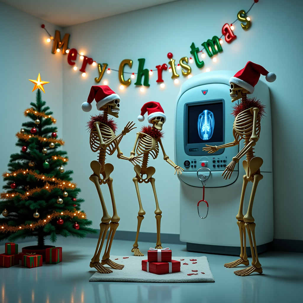 Inside an X-ray room bathed in the soft glow of festive lights, three skeletons can be seen exuberantly dancing, each adorned with a classic red Santa hat tipped with fluffy white pom-poms. Around their necks, tinsel of green and gold glitters and twirls, catching the room's illumination with a playful sparkle. The walls are painted a sterile white, a stark contrast to the joyful chaos within. On the wall, a large "Merry Christmas" banner stretches from side to side, with each letter cut from colorful, shiny foil paper, adding an air of celebration to the clinical environment.

In the corner of the room stands a small but meticulously decorated Christmas tree. The tree is a vibrant green, with tiny baubles of red and gold reflecting the glow of a string of multicolored lights wrapped around its branches. Atop the tree sits a miniature star, slightly askew but shining bright. Beneath the tree, a small, white cotton blanket is laid out to resemble snow, upon which rests a scattering of tiny, colorfully wrapped presents.

In the center of the room, amidst the skeletal frolic, stands an X-ray machine. The screen of the machine is turned towards the viewer, humorously displaying an X-ray of one of the skeletons, complete with Santa hat and tinsel, making it look as if the skeleton itself is examining its own festive radiograph. A stethoscope dangles humorously from the side of the machine, as if the room has momentarily become a whimsical Christmas-themed clinic. The scene captures a moment of unexpected holiday cheer within the most unlikely of places, blending medical and merry with a creative twist.
Generated with these themes: Skeletons dancing wearing Santa hats, and tinsel  around neck, Merry Christmas banner, X-ray room, and Small Christmas tree.
Made with ❤️ by AI.
