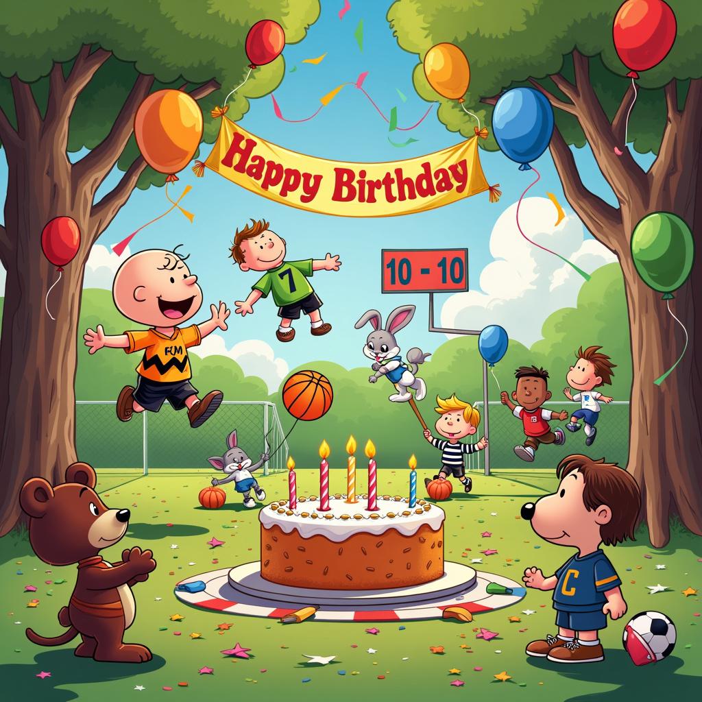 The scene unfolds in a vibrant, whimsical park, brimming with cartoonish, exaggerated trees and playful animals. At the forefront, a large birthday cake shaped like a basketball stands proudly, adorned with colorful candles designed as footballs. Around the cake, various cartoon characters representing different sports come to life. To the left, a character resembling Charlie Brown, clad in a bright orange basketball jersey with the number 10, is soaring through the air, attempting an impressive slam dunk on a hoop festooned with balloons. To his right, another character inspired by Calvin from *Calvin and Hobbes* sports a green football jersey embellished with the number 7, as he throws a football toward Hobbes, who gleefully catches it, dressed as a referee complete with a whistle and striped shirt.

In the background, a small soccer field hosts animated animals, like a bear and a rabbit, who are engrossed in a game of soccer, each sporting tiny jerseys—a red one with the number 4 for the bear and a blue one with the number 2 for the rabbit. Above them, a scoreboard humorously displays a tied score of 10-10, labeled 'Birthday Match.' On the right side, a character reminiscent of Tintin leads a cheer, proudly wearing a vintage baseball jersey with the number 5, while his dog Snowy sports a petite cheerleader outfit, complete with colorful pom-poms. 

The sky is filled with a whimsical array of balloons shaped like various sports balls—basketballs, footballs, and soccer balls—drifting lazily overhead. The ground is a playful chaos, strewn with confetti, party hats, and an assortment of sports equipment, including a baseball bat, a tennis racket, and a skateboard. Above it all, a large birthday banner stretches across the scene, featuring cartoon renditions of famous sports icons like a playful Michael Jordan and an animated David Beckham, joyfully wishing a ‘Happy Birthday’ in bright, bold letters.

Generated with these themes: Basketball, Football, Sports, and Jerseys.  
Made with ❤️ by AI.