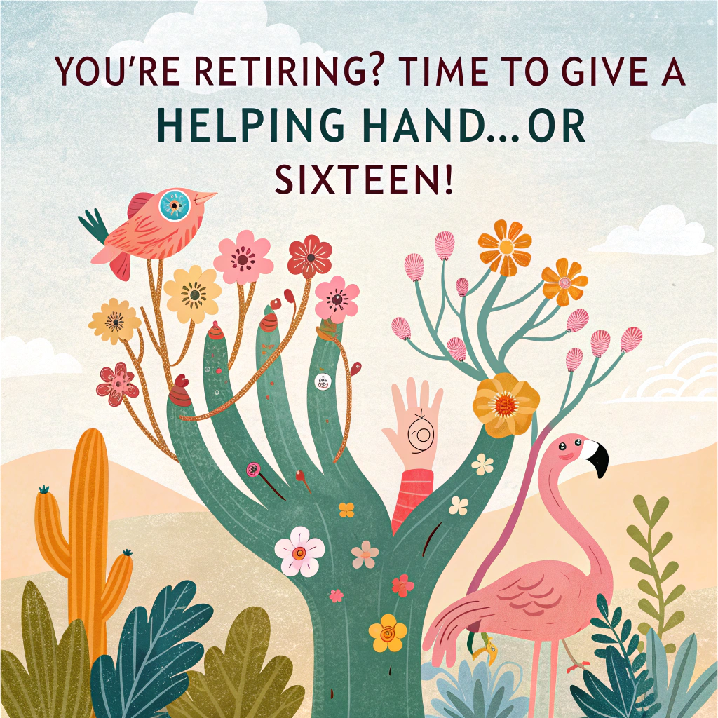 At the top of the image, "You're Retiring? Time to Give a Helping Hand… or Sixteen!"

- In the center of the illustration, create a surreal, humorous composition of 16 hands arranged like desert blooms in the iconic style of Georgia O'Keeffe – soft flowing lines, pastel hues, and exaggerated organic forms.

- Each hand is doing something wildly unrelated and mildly ridiculous: one is holding knitting needles tangled into spaghetti, one clutches a flamingo-shaped cocktail, one is flipping a tiny pancake with elegance, one holds a loud kazoo, another tosses confetti shaped like dentures, etc.

- In the background, soft sand dunes roll beneath a brilliant peach-hued sky, nodding to O'Keeffe’s New Mexico palette. A small sign reads "Happy Retirement Ranch – Population: Just You and 16 Helpful Hands!"

- At the bottom of the image, add the line: "Don’t worry, if one hand forgets your age, 15 more will remind you!"
Generated with these themes: 16 hands in the style of Georgia O'Keefe, Happy Retirement.
Made with ❤️ by AI.