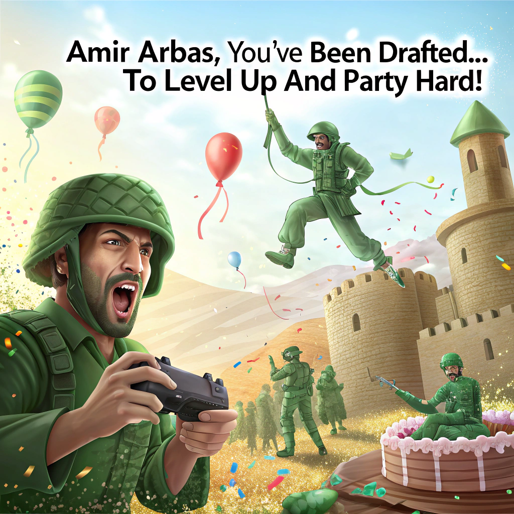 At the top of the image, "Amir Abbas, you've been drafted... to LEVEL UP and PARTY HARD!"

- In the center of the image, illustrate a hilarious cartoon battlefield where classic green plastic army men are in a chaotic mission: dodging confetti grenades, parachuting with birthday balloons, and storming a cake fortress.
- One toy soldier is frantically holding a giant game controller like it’s a weapon, smashing birthday cake buttons with full battle focus.
- Another is shouting orders from inside a birthday present box using a licorice stick as a walkie-talkie.
- In the background, a banner reads “Operation: Birthday Bash” while streamers fly like battle ribbons through the air.
- The entire vibe is absurdly action-packed, cheeky, and playfully intense — the birthday equivalent of an elite toy task force gone rogue on sugar.
Generated with these themes: ARMY MEN TOYS, and GAME CONTROLLER.
Made with ❤️ by AI.