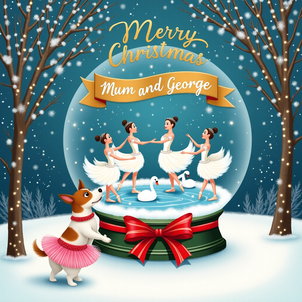 The front cover of this whimsical Christmas greetings card features a magical winter scene encapsulated within a large, intricately detailed snow globe. Inside the globe, a lively performance of "Swan Lake" is taking place. At the center, a group of elegantly poised ballet dancers in shimmering white tutus and delicate tiaras pirouette gracefully around a small, frozen pond. Flanking the dancers are two majestic swans, their feathers glistening like freshly fallen snow, gliding effortlessly across the icy surface. In the foreground of the snow globe, a spirited Jack Russell terrier, wearing a fluffy pink tutu, watches the ballet with rapt attention, its ears perked and tail wagging in delight. The snow globe is adorned with a red and green ribbon, and atop it, a delicate golden banner curves with the inscription "Merry Christmas Mum and George" in elegant cursive, with the words twinkling as if touched by starlight. Outside the globe, the scene extends to a snow-covered landscape, where twinkling fairy lights hang from pine trees, and snowflakes gently fall from the sky, creating a serene Christmas backdrop. The overall setting exudes a blend of holiday magic and playful elegance, capturing the joyous spirit of Christmas with a unique twist.
Generated with these themes: Jack Russel dog wearing a tutu, Swans, Ballet dancers performing swan lake, Christmas scene with Jack Russel dog watching ballet dancers inside a snow globe, and Banner with Merry Christmas Mum and George.
Made with ❤️ by AI.