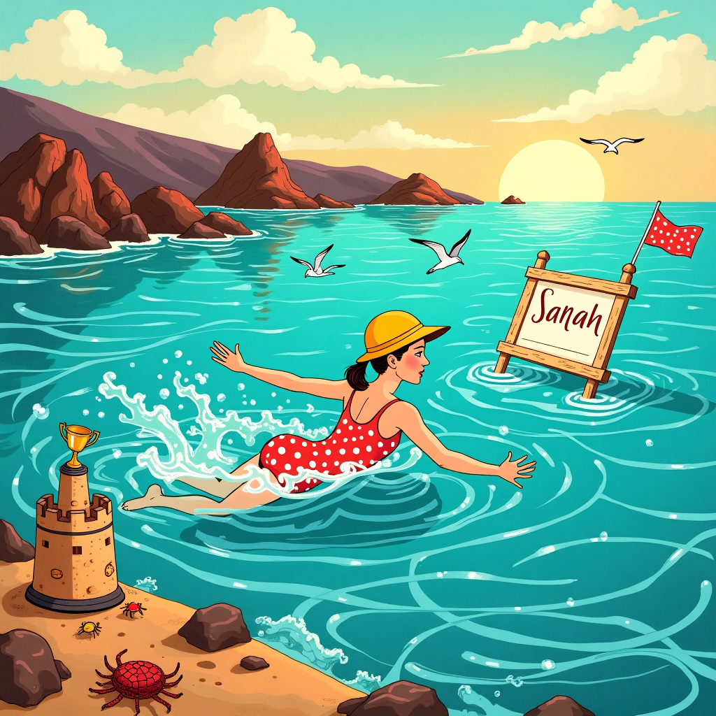 Swimming in the sea in her swimming costume and swimming hat, Lanzarote , and Winning swim races Birthday Card