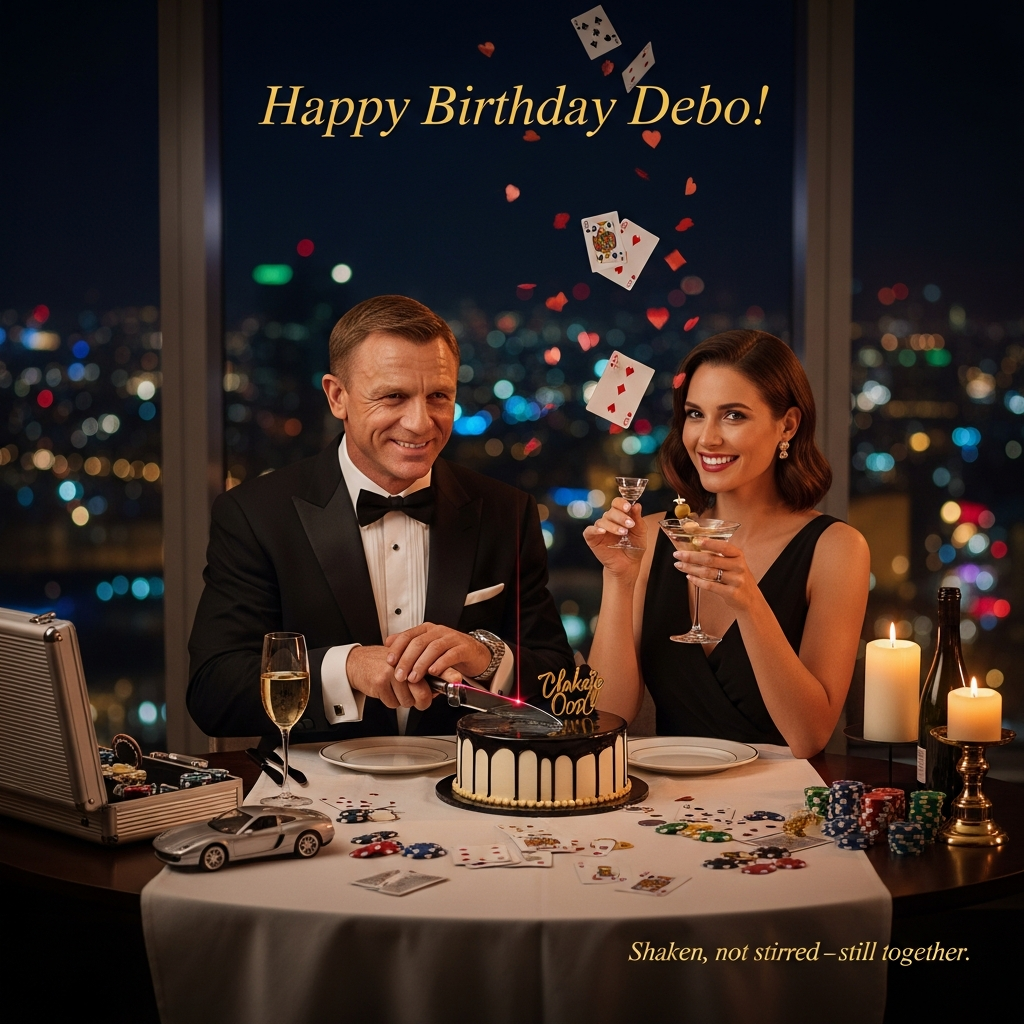 At the top of the Photorealistic picture taken from a camera image, Happy Birthday Debo !

Ultra-high-definition 4K UHD photorealistic camera shot of a glamorous night-time penthouse celebration with city lights bokeh beyond floor-to-ceiling windows. Center frame: a suave Bond-esque secret agent couple at a candlelit table—one in a sharp black tuxedo with a satin bow tie and cufflinks, the other in an elegant evening gown—both smiling with playful confidence. A tiny red laser from the agent’s watch is neatly slicing a glossy black-and-gold cake while the partner raises a crystal martini (shaken, not stirred) with a single olive. Lighthearted spy-world details: a sleek metallic briefcase ajar on a sideboard, a miniature silver sports car model, scattered casino chips and playing cards, and heart-shaped confetti mixing with spades, clubs, and diamonds drifting midair. Warm cinematic lighting with soft rim light and polished reflections; lifelike skin texture, crisp fabric weave, realistic fondant sheen. Shot on a full-frame camera, 50mm lens at f/2.0, ISO 400, 1/125s; shallow depth of field, creamy bokeh, rich dynamic range, natural color grading. Composition is witty, charming, and celebratory with a subtle 00-agent vibe, no logos or actor likenesses.

At the bottom-right, add a small cheeky caption in sleek gold sans-serif: “Shaken, not stirred—still together.”
Generated with these themes: JAMES BOND, and .
Made with ❤️ by AI.