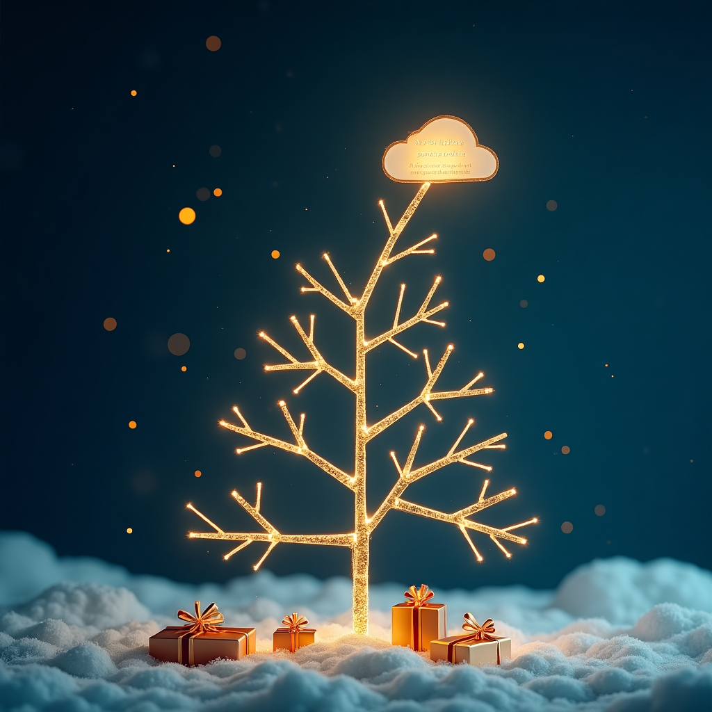 In this surreal and abstract Christmas-themed scene, imagine a minimalistic tree composed of thin, golden lines that intricately weave and interconnect, resembling a complex network of digital connections. These lines form a geometric, almost architectural structure that spirals upwards, each intersection glowing softly like Christmas decorations. These illuminated nodes symbolize the various functionalities, regulatory data, and components of RENTRi, forming a radiant web of innovation. At the base of this tree, elegantly wrapped regulatory gift packages rest, each meticulously labeled with keywords such as “Compliance”, “Interoperabilità”, “Sostenibilità”, and “Innovazione” in delicate, script-like typography, showcasing the tangible benefits of your solutions.

Crowning the tree, a luminous, stylized cloud icon glows warmly in a golden hue, replacing the traditional star. This cloud serves as a beacon of technological vision and direction, casting a gentle light over the entire scene. The background is a deep, rich blue, echoing the tones of the Computer Solutions logo, subtly transitioning through shades to evoke a sophisticated winter night. Tiny details of snowflakes and sparkling lights scatter across the backdrop, emphasizing the theme of innovation.

Among the sky, the name of the recipient, “A chi ci ha scelto e dato fiducia,” is beautifully incorporated into the scene as an ethereal ribbon of light that swirls gently around the tree, further enhancing the sense of interconnectedness and trust. This ribbon dances through the air, seamlessly blending into the dreamlike landscape, as if whispering its gratitude to the universe. The entire composition reflects a harmonious blend of technology, trust, and the festive spirit, creating a card that is both modern and deeply thoughtful.
Generated with these themes: Un albero minimalista composto da sottili linee dorate che rappresentano connessioni digitali (interoperabilità). Ogni nodo della rete è illuminato come una decorazione natalizia e simboleggia funzionalità, dati normativi o componenti del RENTRi.  Pacchetti regalo normativi alla base: Alla base dell'albero, pacchetti regalo raffinati, etichettati con parole chiave come “Compliance”, “Interoperabilità”, “Sostenibilità”, e “Innovazione”. Questi pacchetti simboleggiano i benefici concreti offerti dalle tue soluzioni.  Cloud in cima come stella luminosa: Al posto della classica stella, un’icona di cloud stilizzata, luminosa e dorata, a rappresentare il punto di riferimento e la visione tecnologica.  Background elegante: Uno sfondo blu come il blu del nostro logo (www.computer solutions.it) con sfumature blu per evocare un’atmosfera natalizia sofisticata, con piccoli dettagli come neve o scintille luminose che accentuano il focus sull'innovazione..
Made with ❤️ by AI.