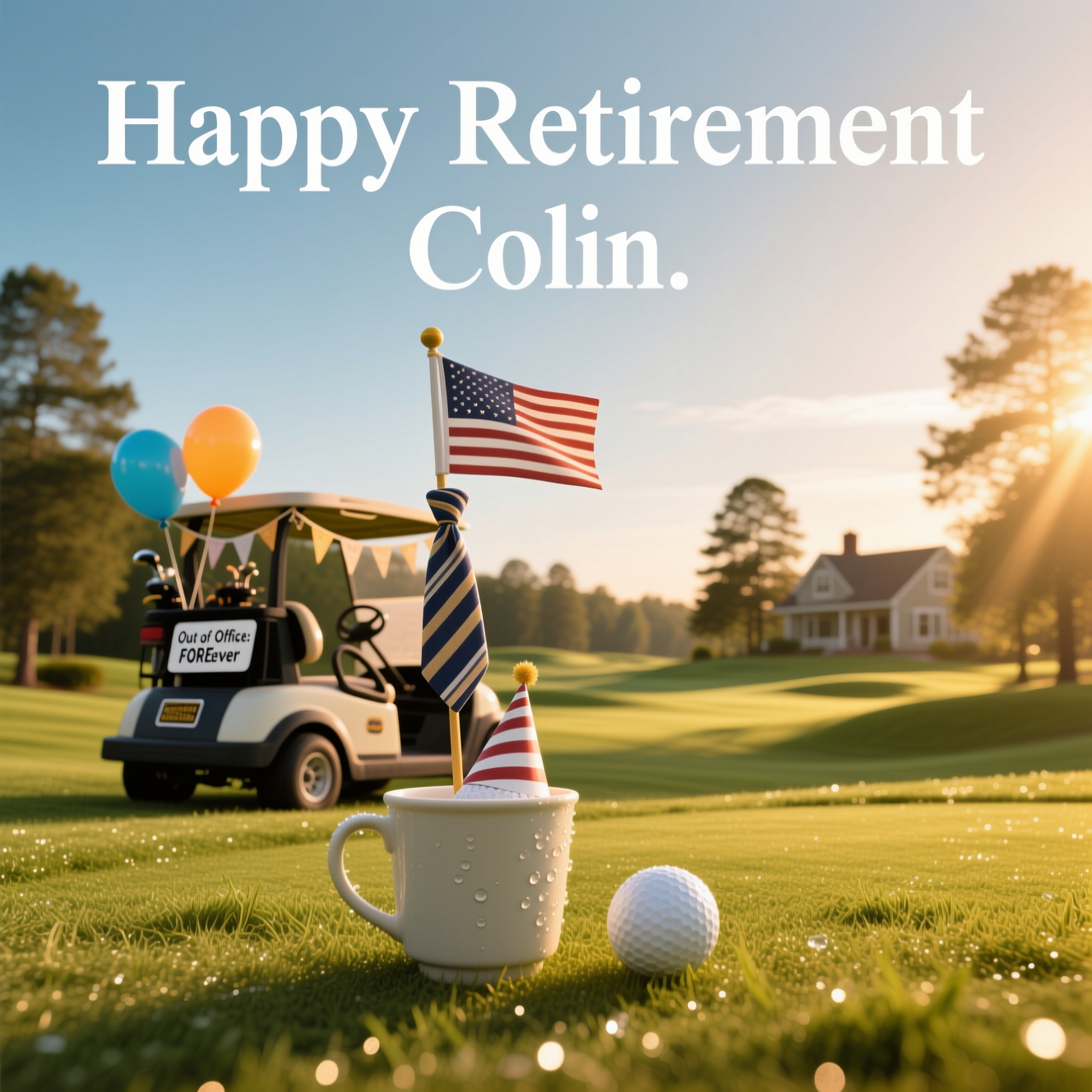 At the top of the Photorealistic picture taken from a camera image, Happy Retirement Colin

Render the heading large in clean white sans-serif with a subtle drop shadow so it sits crisply against the open sky.

Ultra-high-definition 4K UHD, photorealistic, camera-captured look. A golden-hour golf course scene shot low from the green: in the foreground, a dew-kissed cup with a golf ball wearing a tiny party hat teetering on the lip. The flagstick is humorously replaced by a neatly knotted striped necktie fluttering like a flag. Midground on the fringe, a parked golf cart is lightly decorated with two helium balloons and a discreet strand of bunting; on its rear bumper, a single sticker reads: Out of Office: FORE-ever. Sunlight streams through distant pines, creating warm rim light, glittering dew, and creamy bokeh. Lifelike textures: sharp ball dimples, fine grass blades, subtle scuffs on the cart, realistic fabric weave on the tie. Natural color palette, rich dynamic range, accurate lighting, no over-saturation. Depth of field: tack-sharp on the ball and cup, softly blurred clubhouse and trees. Shot as if on a full-frame camera, 85mm lens, f/2.8, ISO 100, 1/1250s; slight vignette to focus the eye. Portrait orientation, full-bleed composition with ample sky at the top for the headline; no additional text in the scene beyond the specified bumper sticker.
Generated with these themes: Golf, and .
Made with ❤️ by AI.