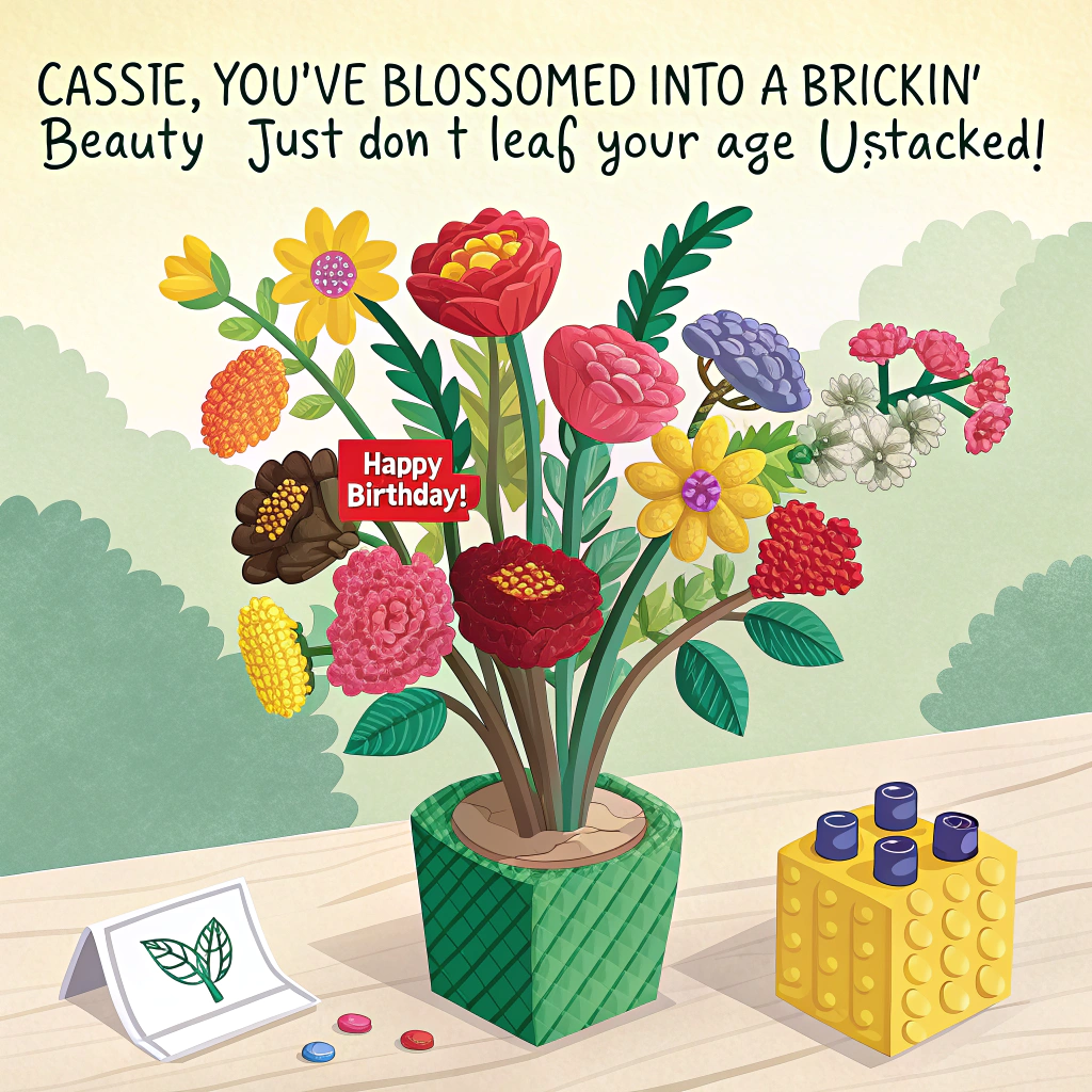 At the top of the image, "Cassie, you've blossomed into a brickin’ beauty—just don’t leaf your age unstacked!"

- The image should depict a hyper-realistic photograph of a vibrant birthday bouquet, but upon closer inspection, every flower is meticulously constructed from colorful LEGO pieces.  
- A LEGO-style birthday card sticks out of the bouquet reading “HAPPY BIRTHDAY!” in plastic bricks.  
- In the background, a hand tries to “smell” the bouquet but is hilariously recoiling in pain after poking their nose on a jagged LEGO tulip.  
- A party setting surrounds the bouquet, with balloons, cake, and a half-assembled LEGO instruction booklet peeking out from underneath.  
- The mood is cheerful, whimsical, and full of texture—both painfully realistic and painfully LEGO.
Generated with these themes: Lego flowers.
Made with ❤️ by AI.