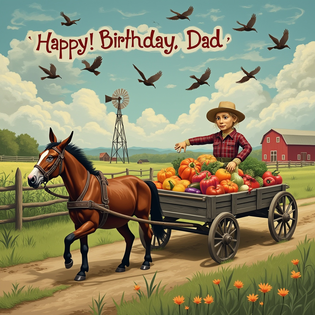 On the cover of the birthday greeting card, envision a scene that captures the essence of a Kentucky farm in 1949 with a surreal twist. In the foreground, a sturdy mule, with its earthy brown coat, is energetically pulling a classic wooden farm wagon. The wagon is laden with a colorful bounty of oversized vegetables, each looking plump and impossibly vibrant, as though they were painted by nature herself. Alongside the mule, a scarecrow wearing a vintage plaid shirt and straw hat seems to tip its hat to the recipient, "Dad," welcoming him to this whimsical rural setting. Behind the wagon, the sprawling gray Kentucky farm stretches across the landscape, complete with rustic wooden fences and a weathered red barn. To the left of the barn, a field of corn sways gently in the breeze. Above this scene, the sky is a surreal tapestry of swirling pastel clouds, and among these clouds, "Happy Birthday, Dad" is cleverly spelled out by a flock of migrating birds, each taking the form of a letter, soaring high in perfect unison. In the background, a lone windmill stands stoically, its blades turning slowly, adding a timeless touch to this charming depiction of a bygone era. This fusion of reality and whimsy creates a visually captivating story, capturing the heart and spirit of the themes and offering a warm birthday greeting to "Dad."
Generated with these themes: 1949 farm in gray, kentucky, and Mule pulling farm wagon.
Made with ❤️ by AI.