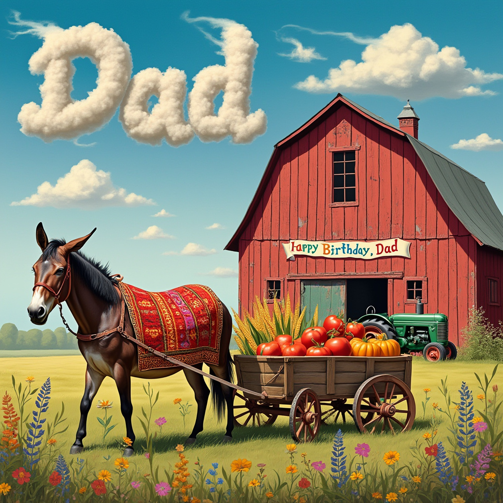 In the vibrant front cover of this surreal yet realistic birthday card, the essence of a 1949 farm in Gray, Kentucky, is captured in rich detail. The scene unfolds under a wide-open sky where wisps of clouds form the word "Dad" in a delightful script, as if the sky itself is joining in the celebration. Below, a time-worn mule with expressive eyes, draped in a festive, hand-woven blanket adorned with intricate patterns, tugs gently on a wooden farm wagon. The wagon, rustic yet charming, is brimming with an eclectic assortment of vintage farm tools and freshly harvested produce—crimson tomatoes, golden ears of corn, and plump pumpkins that hint at a bountiful harvest. In the background, an aged red barn stands proudly, its weathered wood panels telling tales of the many seasons it has endured. A classic tractor, its emerald paint slightly chipped, rests nearby, testament to the hard work and legacy of farming in the mid-20th century. Vibrant wildflowers, a mix of yellows, blues, and purples, blanket the field, adding splashes of color to the earthy tones. A banner stretches across the barn, inscribed with "Happy Birthday, Dad" in cheerful, playful letters, each one a different color like a child’s crayon drawing. The card becomes a captivating tableau, blending elements of nostalgia, celebration, and the enduring spirit of farm life, tailored perfectly for "Dad."
Generated with these themes: 1949 farm in gray, kentucky, and Mule pulling farm wagon.
Made with ❤️ by AI.