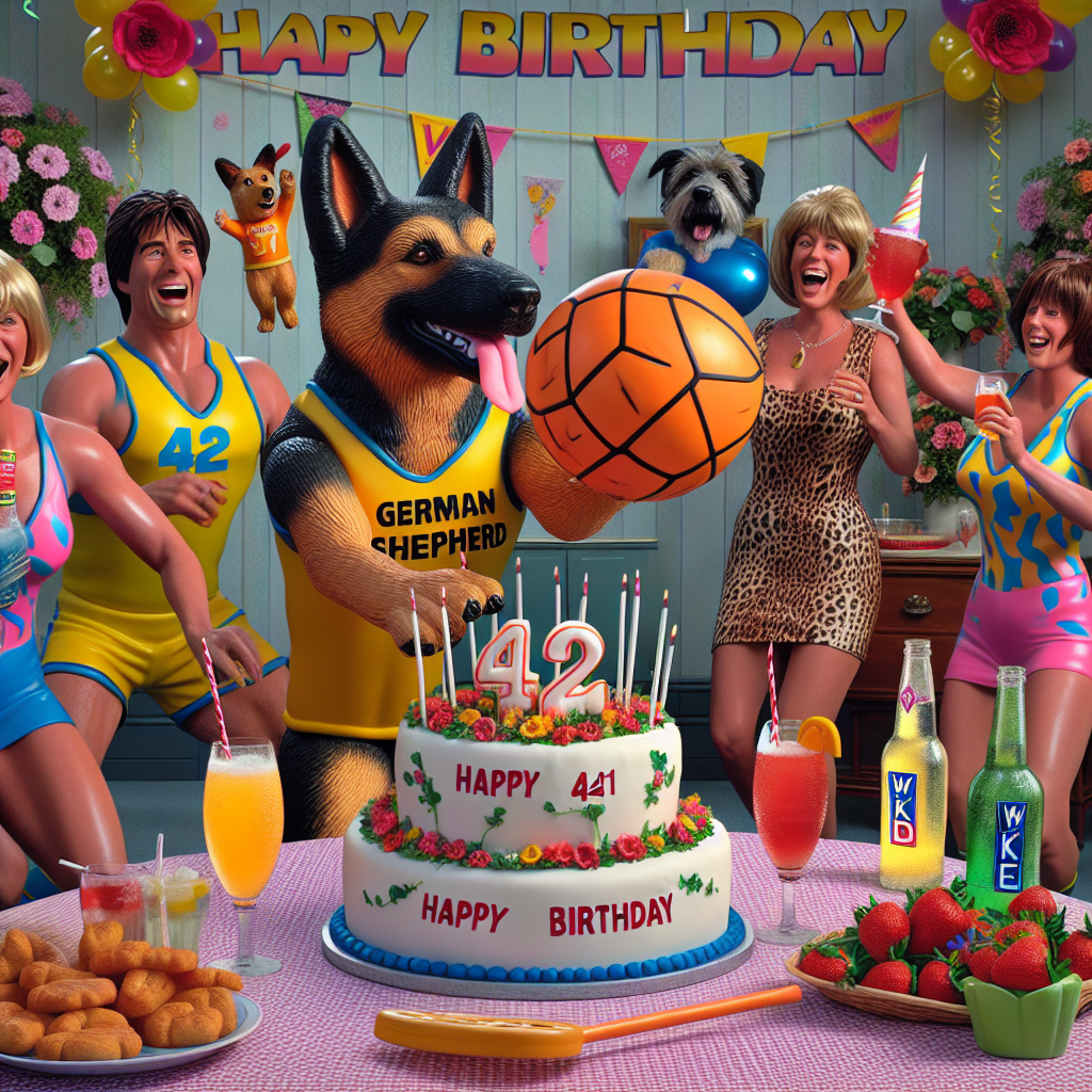 Enjoy a humorous scene combining sport and celebration at an animated 42nd birthday party set in a flower-filled environment. An adorable German shepherd dons an amusing inflatable costume, enthusiastically playing netball among the party-goers. These guests, showing off their bold animal print attire, are captured in mid-dance, with bottles of brightly colored WKD Blue in their hands. The tempting scent of a freshly baked birthday cake, designed with a netball and flowers, fill the scene as friends in inflatable costumes dance and make a toast with champagne and strawberry daiquiris. This hint of comedy adds a fun twist to this detailed, real-life inspired birthday party depiction.
Generated with these themes: German shepherd , Birthday cake , Netball , Wkd blue, Dancing, 42, Flowers , Animal print, Inflatable costumes , Champagne , Strawberry daiquiri , and Funny.
Made with ❤️ by AI.