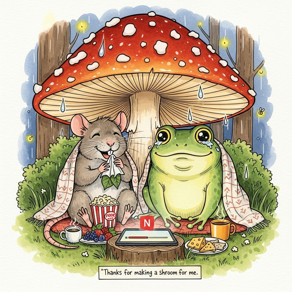 Cute, cozy hand-drawn illustration: In a twilight forest clearing, a big spotted toadstool mushroom forms a snug umbrella. Under it, a small gray-brown rat and a plump green frog sit side-by-side on a mossy patch, wrapped in patterned blankets, sharing snacks (tiny popcorn tub, berries, cheese crackers, two steaming mugs). In front of them on a little tree stump, a tablet glows with a subtle red “N” streaming icon and faint progress bar. They’re simultaneously giggling and teary-eyed: the rat grins while dabbing a happy tear with a leaf-tissue; the frog’s wide eyes shimmer with tears and a big smile. Gentle rain dots the mushroom cap; soft fireflies and bokeh lights twinkle through a lush forest backdrop. Warm, expressive color palette (moss greens, toadstool reds, golden ambers, cozy creams), fine linework, textured brush strokes, watercolor washes, and paper grain. Balanced, centered composition with the mushroom canopy framing them and the screen glow lighting their faces. Add a small hand-lettered caption at the bottom center in mushroom-red ink: “Thanks for making shroom for me.”
Generated with these themes: .
Made with ❤️ by AI.
