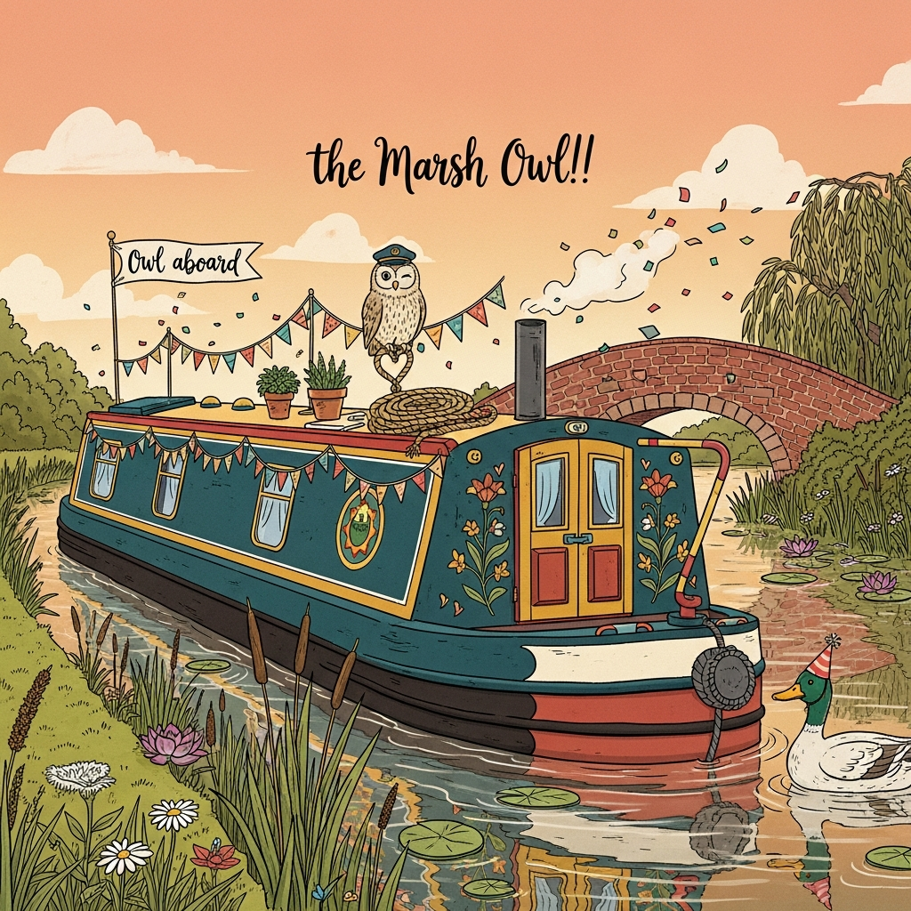 At the top of the Illustration Style image, "We look forward to seeing you soon on our new home - the Marsh Owl!!"

Hand-drawn, funny illustration of a cheerful narrowboat on a calm canal at golden hour. The slender boat is painted in deep teal, mustard, and cream with traditional canal-art flourals and a subtle owl emblem on the bow. A marsh owl wearing a tiny captain’s hat perches on the tiller, winking, while bunting and string lights drape across the roof. Potted herbs, a coiled rope in a heart shape, and a steaming kettle on the little stove chimney add cozy “new home” vibes. Confetti flutters in the warm breeze; a duck in a party hat glides alongside, looking bemused. Reeds, lily pads, and wildflowers line the towpath; a brick canal bridge and willows frame the scene. The water mirrors the boat in soft ripples for a balanced composition with generous airy sky space for the headline.

Style: hand-drawn illustration with fine linework, textured brush strokes, and visible paper grain; balanced composition; warm, expressive color palette (apricot sky, moss greens, terracotta, teal, cream highlights); soft golden light and gentle shadows.

Include one small cheeky caption on a fluttering pennant near the bow: “Owl aboard!”
Render the headline in friendly, hand-lettered script in the sky area with a subtle brush texture and soft shadow for readability. No other text.
Generated with these themes: Narrow boat, and .
Made with ❤️ by AI.