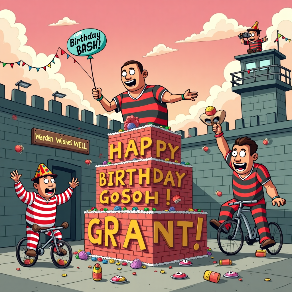 The front cover of this quirky and humorous birthday card is a bustling cartoon prison courtyard, where the inmates are hilariously getting ready to celebrate a birthday. In the center of the scene, there's a muscular bricklayer wearing a striped prison uniform, joyfully constructing a birthday cake out of colorful bricks. His creation towers impressively high, with "HAPPY BIRTHDAY GRANT!" spelled out in vibrant brick letters at the top of the cake. The brick cake is adorned with multi-colored mortar that mimics icing, while small, animated tools like trowels and hammers are cheerfully helping by placing the final "icing" touches. 

Around this cake-building frenzy, other inmates are gathered, comically participating in the festivities. One inmate, dressed as a clown with oversized shoes and a painted-on grin, is balancing on a unicycle, trying to hang a "Birthday Bash" banner across the yard. Another prisoner, wearing a top hat made of prison bars, is juggling cupcakes with exaggerated expressions of glee. 

In the background, a tall watchtower looms, with a guard perched at the top, peeking through binoculars and holding a balloon that says "Warden Wishes Well!" instead of "Warden". The sky is a whimsical shade of pink, with puffy clouds swirling to form the word "Grant" in a playful, cartoonish font. Above the scene, birds wearing tiny party hats are carrying strings of colorful, mismatched flags that flap in the gentle breeze.

This animated, detailed scene captures the joyous chaos of a prison-turned-party, where even the hard bricks and iron bars can't dampen the celebratory spirit for Grant's special day.
Generated with these themes: bricklayer in prison.
Made with ❤️ by AI.
