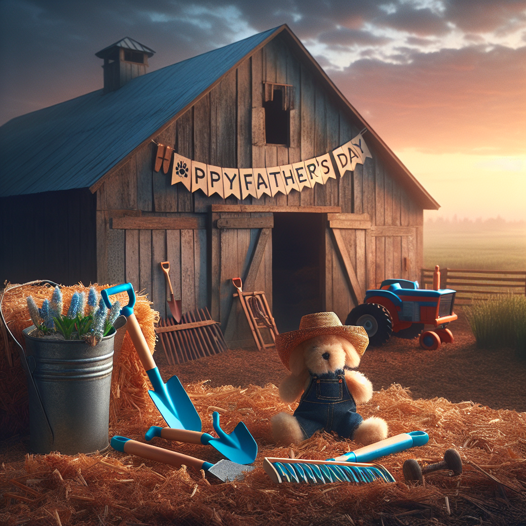 A pastoral farm environment under the soft glow of the break of dawn, with a weathered wooden barn as the focal point. The farm is embellished with decorations signifying Father's Day, incorporating a banner with the inscription 'Happy Father's Day'. In the foreground exists a child's toy set of gardening tools scattered, a small azure shovel and rake suggesting a child's earnest contribution to farm activities. Closeby, a fluffy dog toy sits on a mound of hay, embellished with a diminutive straw hat, manifesting the vibrant and delightful aspects of paternity.
Generated with these themes: Bluey, Tools, and Farms.
Made with ❤️ by AI.
