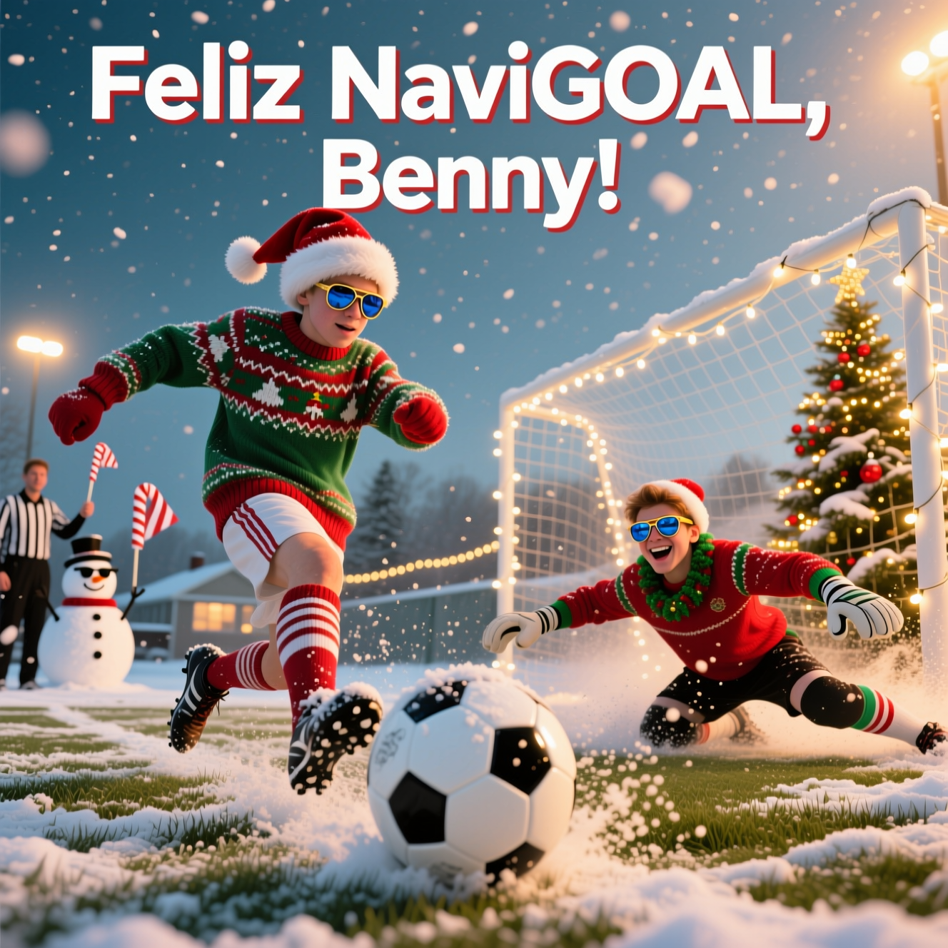 At the top of the Photorealistic picture taken from a camera image, "Feliz NaviGOAL, Benny!"

Ultra-high-definition 4K UHD photorealistic winter soccer scene at golden hour on a snow-dusted community pitch. Low-angle action shot: a striker wearing a Santa hat, ugly Christmas sweater over a kit, and mirrored aviator sunglasses volleys a snow-dusted black-and-white soccer ball toward a goal wrapped in warm white fairy lights. The goalkeeper, also in festive gear and reflective sunglasses, dives theatrically with a big grin. Snow sprays up in crisp detail; visible breath fogs the cold air; realistic frost on grass blades; knit fibers and leather cleat scuffs rendered sharply. Reflections of the glowing net and a decorated pine tree twinkle in the sunglasses. On the sideline, a cheeky snowman in wayfarer sunglasses “officiates” with a tiny linesman flag. Light snowfall still falling, twinkling bokeh from background string lights, rich depth of field, natural skin tones, festive reds and greens against cool winter blues. Shot on a full-frame DSLR, 85mm lens, f/2.0, 1/2000s, ISO 200; accurate lighting with soft golden rim light and subtle lens flare; cinematic composition, tack-sharp subject. Set the caption in bold snow-white sans-serif with a thin candy-cane red outline and soft drop shadow, slightly arced across the top. No other text. Funny, joyful, true-to-life.
Generated with these themes: Soccer, Sunglasses, and .
Made with ❤️ by AI.