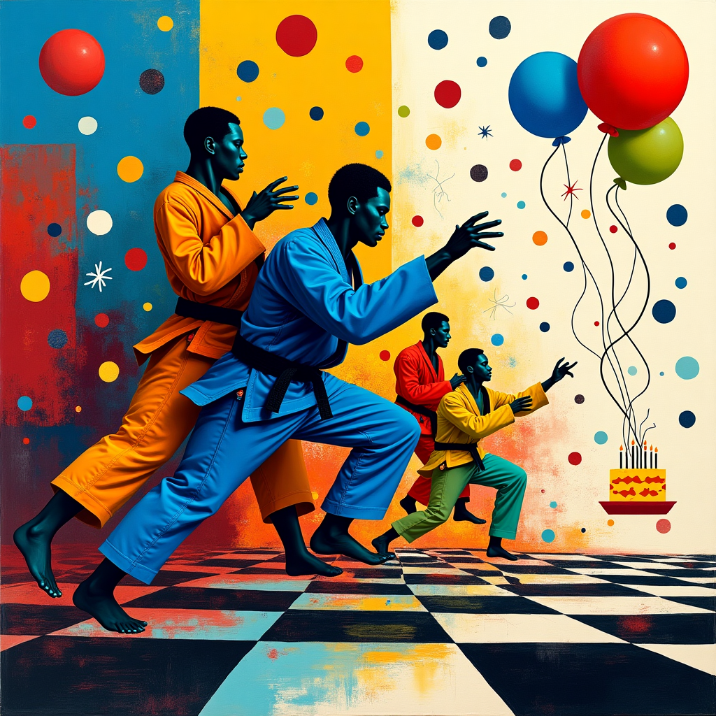 Front and center, imagine a dynamic composition of abstracted jiu-jitsu figures in motion, their limbs forming a whirlwind of geometric shapes reminiscent of a Kandinsky painting. The figures are not literal, but rather suggested through overlapping circles, triangles, and spirals, each in bold, contrasting colors like cobalt blue, fiery red, and sunshine yellow, echoing Mondrian’s primary color palette but with a twist of fluidity.

The background is a Pollock-inspired tapestry of energetic paint splatters and drips in a spectrum of colors, giving a sense of action and spontaneity. Amidst the chaos, there are rectangular blocks of color, akin to Rothko’s work, layered subtly to create a sense of depth and rhythm.

In the top right corner, a collection of Miró-esque abstract symbols—stars, eyes, and organic forms—dance playfully, adding a whimsical touch. These symbols are rendered in bright lime green and electric orange, standing out vividly against the splattered background.

The ground is a checkerboard of de Stijl-influenced gridlines in black and white, grounding the composition with a touch of structured chaos. This echoes Malevich's Suprematism, where pure abstraction is combined with a hint of recognizable form.

Overlaying everything are dynamic, twisting lines and scribbles reminiscent of Twombly's work, drawn in vibrant magenta and turquoise, suggesting movement and the fluid grace of jiu-jitsu techniques.

Incorporated subtly into the scene, as if painted with an abstract touch, are hints of a birthday cake and balloons, constructed from basic shapes—a circular cake with linear candles shooting upwards, triangular slices suggestively removed, and balloons as floating ovals with long, wavy lines as strings.

This entire visual cacophony is set against a serene, pastel-toned horizon at the bottom of the card, perhaps a nod to Agnes Martin’s minimalist grids, providing a peaceful foundation to the otherwise exuberant scene.
Generated with these themes: Jui jitsu.
Made with ❤️ by AI.