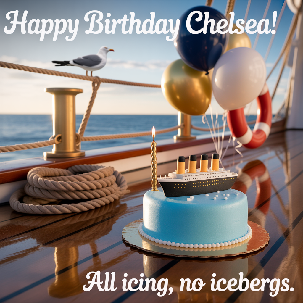 At the top of the Photorealistic picture taken from a camera image, "Happy Birthday Chelsea!"
At the bottom of the Photorealistic picture taken from a camera image, "All icing, no icebergs."

Ultra-high-definition 4K UHD vertical portrait photograph, cute mood, accurate lighting, lifelike textures, and rich depth of field. Golden-hour sunlight on the polished teak deck of a vintage early-1910s ocean liner reminiscent of the Titanic. In sharp foreground focus: a small sea-blue frosted birthday cake on a glossy wooden deck table, topped with sugar “sea-spray” pearls and a tiny edible fondant ocean liner with four cream-and-black funnels; a slim gold candle glows softly. Nearby: coiled nautical rope, a gleaming brass cleat, and a life ring with red bands (no text). Tied to the rail, navy, white, and gold helium balloons bob in a gentle sea breeze. A photorealistic seagull in a pastel paper party hat perches on the brass rail, tilting its head adorably. In the softly blurred background, a majestic four-funneled ocean liner glides over calm, sparkling water under a peach-and-rose sky; string lights along the rail create cozy bokeh. No people. Natural palette of seafoam, ivory, navy, and warm gold. Shot on a 50mm lens, f/2.8, ISO 100, 1/250s; shallow DOF with crisp frosting textures, wood grain, and brass reflections; subtle lens flare, realistic ocean shimmer.

Text styling:
- Top headline: large, elegant early-1900s-inspired serif or hand-lettered script in warm ivory with a soft gold sheen, centered, subtle drop shadow for legibility against the sky.
- Bottom punch-line: playful small-caps sans-serif in bright white on a slim navy ribbon banner hugging the bottom edge, light fabric texture and soft shadow so it feels naturally integrated.
Generated with these themes: Titanic, and .
Made with ❤️ by AI.