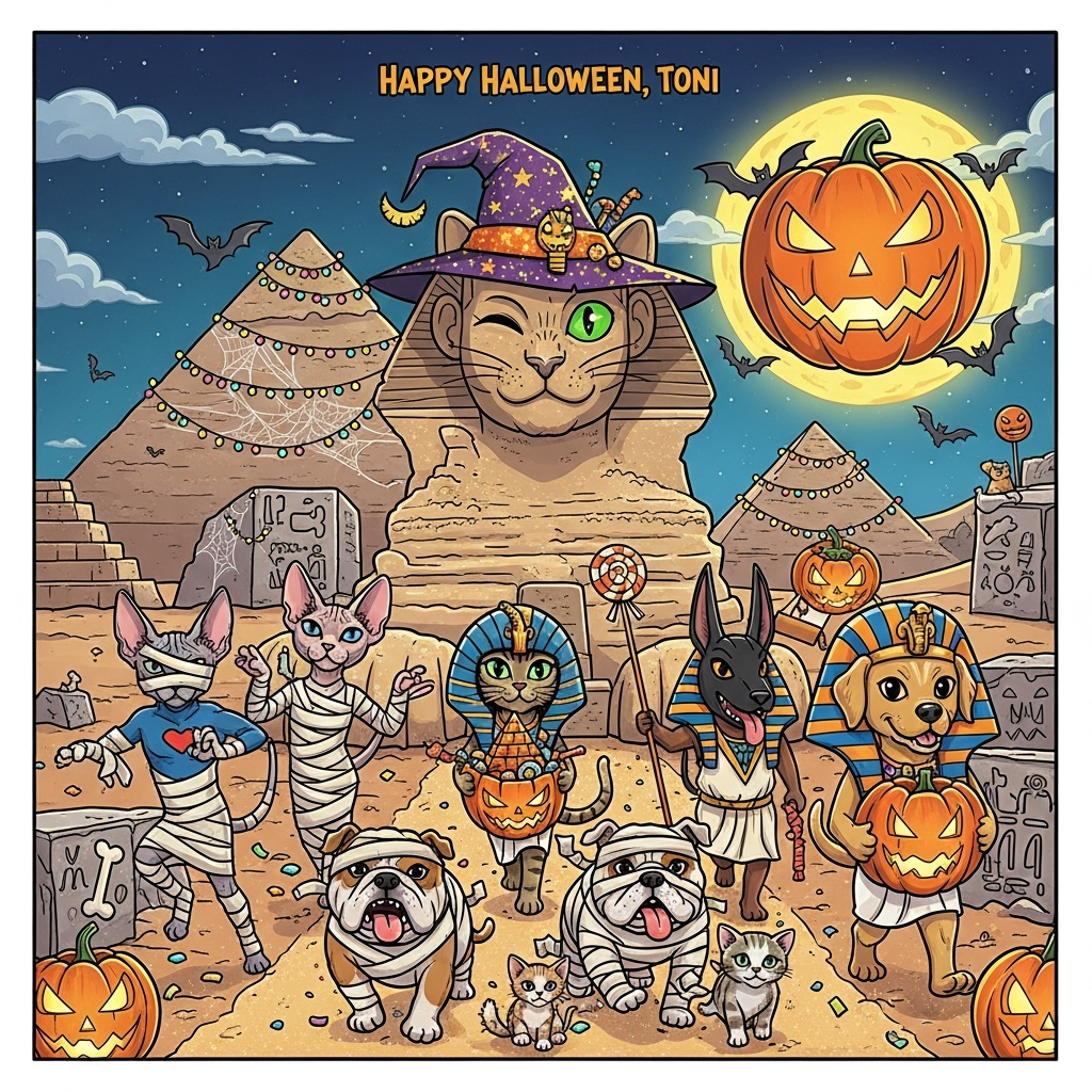 At the top of the Cartoon Style image, Happy Halloween, Toni

A moonlit desert scene in playful cartoon style: exaggerated, big-headed characters, thick black outlines, and bright saturated colors (turquoise, gold, magenta, pumpkin orange). Center stage, the Great Sphinx is reimagined as a giant mischievous cat statue winking, wearing a sparkly witch hat trimmed with candy corn and golden scarabs; its eyes glow neon green. Behind it, pyramids are draped with string lights and cobwebs, and a huge jack-o’-lantern moon (scarab-shaped carving) smiles in the night sky while bat silhouettes (styled like hieroglyph birds) swoop around.

In the foreground, a lively parade of cats and dogs in Egyptian-meets-Halloween costumes struts along a glittering sand path:
- A hairless Sphynx cat wrapped like a mummy strikes a dramatic superhero pose.
- A regal tabby Cleopatra cat balances a pyramid-shaped candy bucket overflowing with treats.
- A goofy dog dressed as Anubis (jackal mask) brandishes a candy-corn crook and a licorice flail, tongue lolling.
- A bulldog mummy waddles as a kitten bats at its trailing bandage.
- A golden retriever pharaoh with a striped nemes headdress proudly carries a glowing pumpkin carved like a cat’s face.

Stone blocks around the Sphinx base feature cute candy hieroglyphs (bones, fish, lollipops). Jack-o’-lanterns carved as pharaohs and scarabs cast warm light; candy confetti and pawprint hieroglyphs dot the sand. The whole scene feels bouncy and celebratory, with whimsical, energetic poses and high-contrast shading and highlights.

Add a small, cheeky caption near the bottom in chunky hieroglyph-inspired lettering: Trick or Tut?!
Generated with these themes: Egyptians, sphinx, cats, dogs, Halloween , and .
Made with ❤️ by AI.