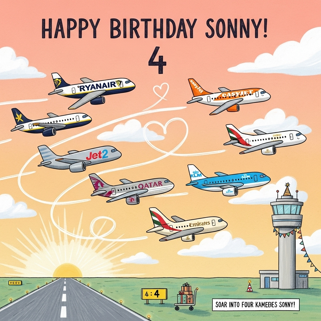 At the top of the Illustration Style image, “Happy Birthday Sonny!  4” in big, puffy, hand-lettered cloud-script, softly outlined so it pops against the sky.

Cute, hand-drawn airport scene at warm sunrise: a textured runway sweeps in from the bottom left with tiny twinkly edge lights; to the right, a friendly control tower wears a little party hat and a string of bunting. Fluffy, cottony clouds drift across a peach-to-cornflower gradient sky, with soft, painterly brush strokes and fine linework on details.

Across the sky, six cheerful, toy-like jets swoop in a playful arc, each with simplified, child-friendly, logo-free liveries that clearly hint at:
- Ryanair: deep navy body, bright yellow accents and tail band
- Jet2: soft silver fuselage, vivid red tail and engines
- easyJet: white body with bold orange tail and winglets
- Qatar: warm dove-grey fuselage, rich burgundy tail
- KLM: sky-blue fuselage with white belly and light-blue tail
- Emirates: creamy ivory body, red tail with a hint of green

Give the jets big round windows, tiny smiles on their noses, and thin, whimsical contrails that loop into a soft heart and subtly echo the number 4 near the headline. Add cute ground touches: a luggage cart stacked like gift boxes and a tiny marshaller cone shaped like a candle near the runway, all kept small to maintain a clean, balanced composition with plenty of airy negative space.

Color palette: warm and expressive—peach, coral, butter yellow, sky and cornflower blues, soft cream, and gentle teal accents. Style: hand-drawn ink lines with textured gouache-like strokes, soft shading, light paper grain, and a gentle vignette. No photorealism, no harsh shadows, no dense text.

Small extra caption (keep it subtle and playful) on a tiny yellow runway sign near the bottom: “Soar into four!”
Generated with these themes: Aeroplanes, Ryanair Jet2 EasyJet Qatar KLM Emirates , Clouds sky control tower runway, and .
Made with ❤️ by AI.