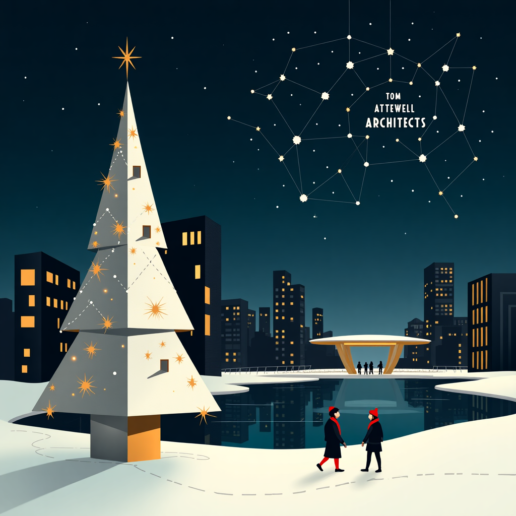 In the foreground of this contemporary Christmas scene, imagine a sleek and minimalistic architectural Christmas tree standing prominently, its form defined by clean geometric lines and sharp angles, reminiscent of a modernist sculpture. The tree is crafted from metallic silver and gold, with reflective surfaces that catch ambient light, giving it a futuristic yet festive aura. Instead of traditional ornaments, the tree is adorned with small, architecturally inspired decorations like miniature blueprints, compasses, and scale models of buildings, each hanging delicately from fine silver threads.

Behind the tree, a series of stylized buildings rise into the background, their facades depicted in bold, linear patterns, much like the work of Patrick Seymour and Malika Favre. These buildings are silhouettes against a deep indigo sky, their windows glowing warmly in various hues of amber and white, suggesting life and festivity within.

Above this urban landscape, the night sky is a vast canvas, where twinkling stars form constellations in intricate geometric shapes, a nod to the precision and artistry of architecture. The constellation closest to the horizon creatively spells out "Tom Attewell Architects" in a series of luminous stars, each letter gracefully interwoven with the celestial design, ensuring the name is subtly integrated into the natural splendor of the sky.

To the right of the scene, a sleek modern bridge stretches across a gently flowing river, its smooth curves and stark outlines influenced by the work of artists like Yulia Sokolova and Orlando Arocena. On this bridge, silhouetted figures stroll, wrapped in scarves and hats, hinting at a sense of community and warmth.

Finally, soft layers of snow blanket the ground, their crisp white surfaces undisturbed except for the occasional trace of footsteps, leading to a small, minimalist pavilion illuminated by soft, ambient lighting, suggesting a gathering place for holiday celebrations. This scene blends the themes of contemporary architecture and festive cheer into a cohesive, visually striking design perfect for a Christmas greeting card.
Generated with these themes: simple contemporary architect christmas tree card for instagram post.
Made with ❤️ by AI.