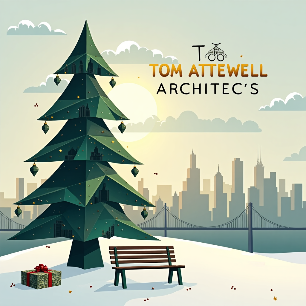 In the center of the card, a sleek, contemporary Christmas tree towers with an elegant yet minimalistic design. The tree's structure is formed by a series of intertwined geometric shapes, reminiscent of an architectural blueprint, reflecting the essence of modern construction. Its branches are composed of angular polygons in shades of emerald green and deep teal, with the edges subtly illuminated by a soft, golden glow that adds a hint of warmth. Each level of the tree is adorned with delicate, metallic ornaments in the shape of miniature buildings, bridges, and abstract architectural forms, hinting at Tom Attewell Architects’ expertise.

In the background, a city skyline rendered in a semi-abstract vector style, inspired by Malika Favre's use of bold shapes and negative space, stretches across the horizon. The buildings are simplified into geometric silhouettes, with shades of charcoal gray and silver, casting long, reflective shadows that add depth to the scene. Above this skyline, the name "Tom Attewell Architects" is cleverly incorporated into a cluster of clouds. These clouds are designed in a dynamic, swirling pattern reminiscent of Joshua Davis’s digital abstraction, with the letters subtly carved out to reveal the soft glow of a twilight sky peeking through.

In the foreground, a sleek, minimalist bench sits under the tree, evoking the style of Patrick Seymour with its clean lines and refined simplicity. On the bench rests a wrapped gift, its paper a patchwork of blueprints and architectural sketches, subtly nodding to the profession of the recipient. Scattered snowflakes, crafted from a mosaic of intricate line work and vibrant colors, reminiscent of Matt W. Moore's kaleidoscopic style, fall gently over the scene, adding a touch of festive wonder. The overall composition balances the architectural precision with whimsical holiday elements, making it a perfect contemporary greeting for "Tom Attewell Architects".
Generated with these themes: simple contemporary architect christmas tree card for instagram post.
Made with ❤️ by AI.