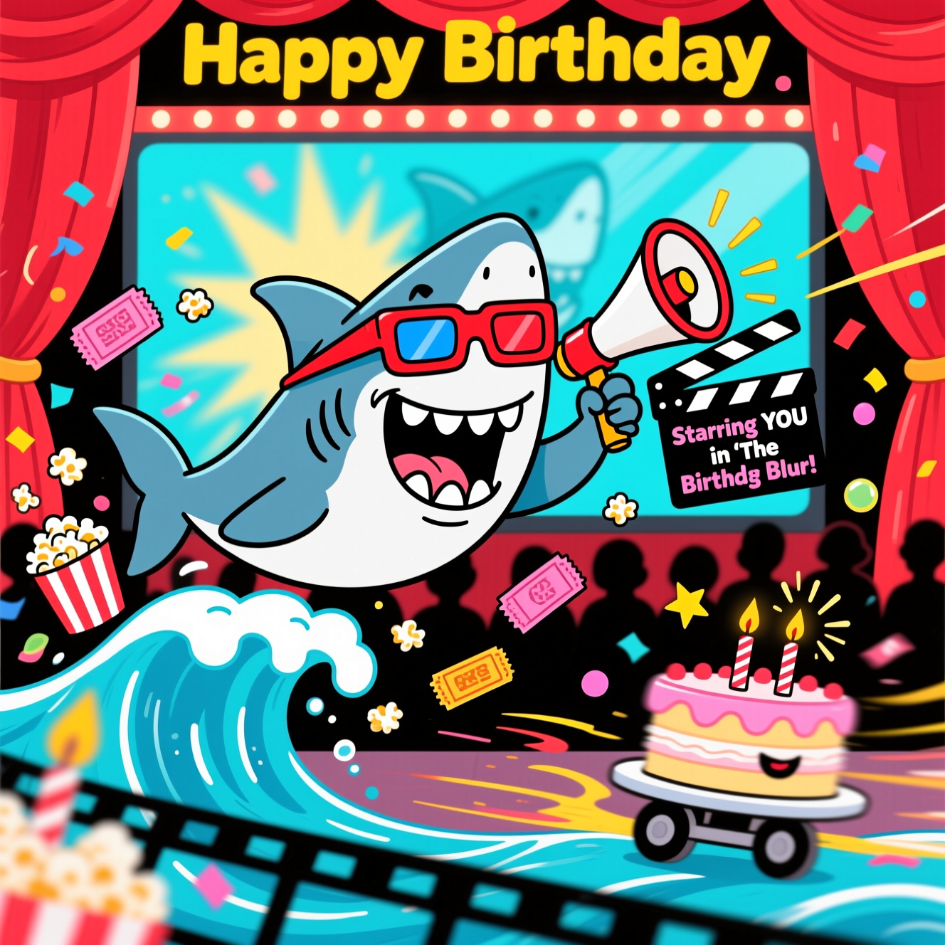 At the top of the Cartoon Style image, Happy Birthday

A playful, funny cartoon scene: a huge, grinning shark with exaggerated proportions and chunky teeth leaps out of a curling wave made of film strip, wearing oversized red-and-blue 3D glasses. Exaggerated motion-blur swoosh lines trail behind the shark, popcorn, and movie tickets as they whirl through the air. The shark strikes a dynamic, whimsical pose: one fin holds a director’s megaphone, the other a clapperboard that reads, in bold fun lettering: Starring YOU in ‘The Birthday Blur!’. Bright cinema backdrop with glowing marquee lights and plush red curtains; a giant screen behind shows a comedic, blurred whoosh where the shark “burst through.” Add a runaway birthday cake on wheels zipping past with a silly blur streak and candle sparks. Color palette: bright saturated aqua blues, candy reds, sunshine yellows, and neon pinks; thick black outlines, chunky shapes, simple cel shading, and crisp vector-like finish. Keep the shark adorable and friendly, not scary. Soft depth-of-field blur on background audience silhouettes so the foreground pops. Confetti, star sparkles, and bubbly highlights for extra party energy. Only visible text: the top “Happy Birthday” and the clapperboard line.
Generated with these themes: Shark, Blur, Movies, and .
Made with ❤️ by AI.