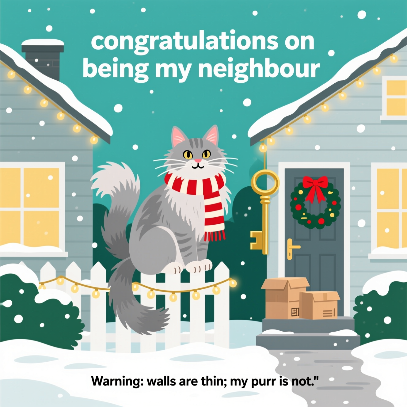 At the top of the Vector Style image, "congratulations on being my neighbour"

At the bottom of the image, "Warning: walls are thin; my purr is not."

Create a clean flat-vector scene:
- Centerpiece: A large, fluffy grey Maine Coon cat with tufted ears and a big ruff, perched proudly on a snow-dusted white picket fence between two tidy neighboring houses. The cat wears a red-and-cream striped winter scarf; its long bushy tail curls upward, lightly tangled in a loop of warm-gold fairy lights that stretch house-to-house.
- New home at Christmas vibe: Freshly hung wreaths on both front doors, simple string lights along the eaves, a giant brass house key tied with a red ribbon hanging from one door handle, a couple of closed moving boxes on one porch, and gentle snowflakes falling.
- Composition: Houses framed left and right with simple geometric windows glowing warm yellow; soft evergreen shrubs at the bases; keep lots of negative space so the headline and punchline dominate.
- Style and colors: Ultra-clean, flat vector art with crisp lines and solid color blocks only (no textures, no heavy gradients). Palette: icy teal sky, evergreen greens, warm gold lights, cherry red accents, cool slate-grey fur tones, white snow.
- Typography: Set the headline large and bold in a modern sans-serif, respecting the exact lowercase text provided. The punchline smaller, centered at the bottom in the same family for a cohesive, modern look.
- Lighting/shadow: Use simple layered shapes and slightly darker flat tones for depth; avoid blurs or soft drop shadows.
Generated with these themes: Maine coon grey cat, NEW HOME AT CHRISTMAS, and .
Made with ❤️ by AI.