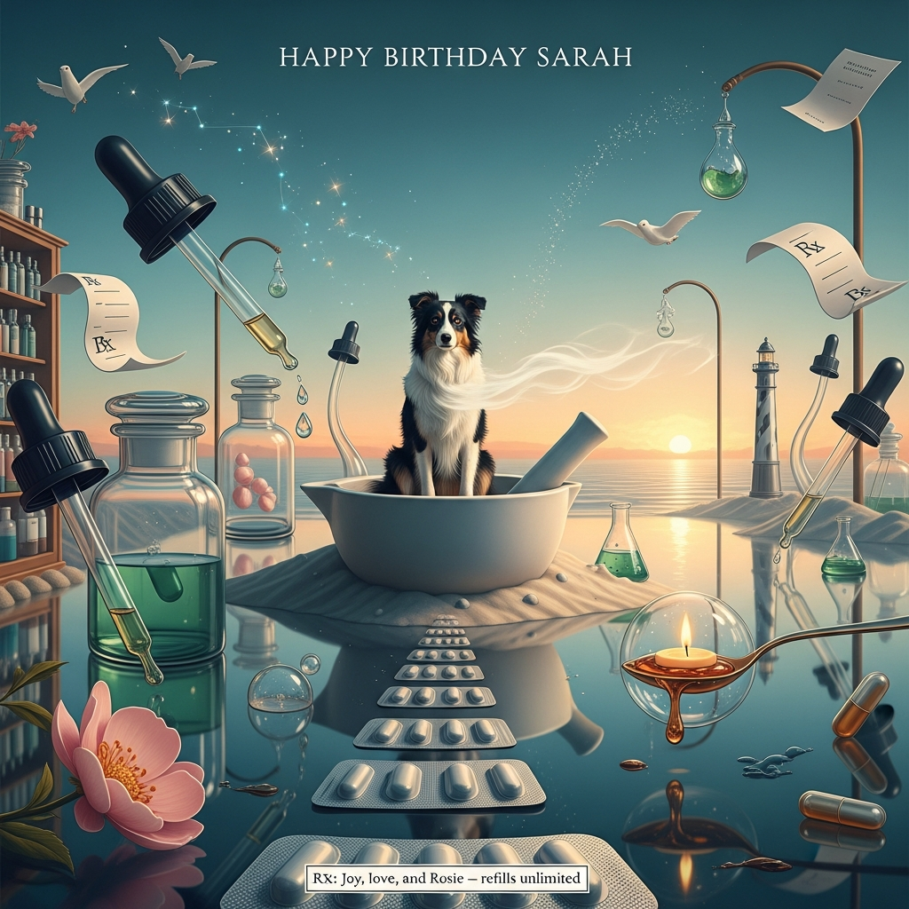 At the top of the Surreal Style image, Happy Birthday SARAH

Dali-inspired dreamscape pharmacy at dawn, sincere and tender in mood: an open-air apothecary unspools into a tranquil shoreline, marble counters stretching and melting into pale sand dunes, tall glass apothecary jars bending like dream-trees, their reflections hovering in the air. A giant porcelain mortar forms a gentle hill; a silver pestle leans in the distance like a lighthouse. Around the scene, droppers release gleaming droplets that arc into constellations; capsules unfurl into delicate flower petals; blank prescription slips drift upward as soft white birds. In the center, Rosie—a black-and-white collie—sits serenely atop the mortar-hill, alert yet calm, intelligent eyes catching the ethereal light; subtle breeze tousles her fur. A pathway of blister-pack “stepping stones” leads from the mortar toward a glassy sea that mirrors the sky.

Ethereal lighting with long, poetic shadows, soft sunrise gradients of pearl white, pharmacy green, blush rose, and inky charcoal; painterly texture with delicate brushwork, slight bloom and fine film grain. Composition: wide, slightly low angle; Rosie central and luminous; generous negative space; surreal forms gently melting and floating. A single candle glows from a spoonful of shimmering syrup near Rosie, its flame reflecting in a nearby beaker-bubble like a tiny balloon.

Typography: elegant, airy serif for the top line, subtle and integrated with the sky.

At the bottom in small handwritten label text: “Rx: Joy, love, and Rosie — refills unlimited.”
Generated with these themes: Pharmacy , Black and White collie dog called Rosie, and .
Made with ❤️ by AI.