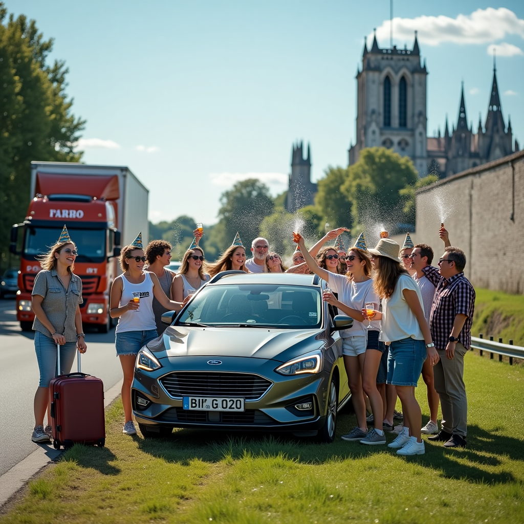 French motorway , Chartres cathedral , Dark Grey Ford Focus estate, and Champagne Birthday Card