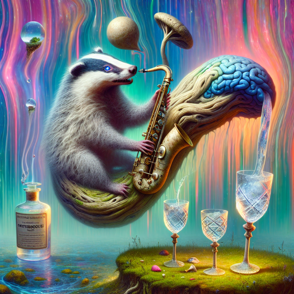 Imagine a dreamy scene where odd shapes and peculiar perspectives coalesce. A birthday celebration is underway in this ethereal locale. An enigmatic badger, whose eyes sparkle with profound knowledge, is playing a spine-chilling tune on a saxophone crafted from the roots of a timeless tree. To its side, a spout of gin streams from a bottle that miraculously floats against gravity, filling translucent crystal goblets also hanging in thin air. The backdrop is a surreal blend, drenched in streaks of pulsating colours and forms that obfuscate the boundaries between the local vegetation and the celestial realm.
Generated with these themes: Gin, and Badger.
Made with ❤️ by AI.