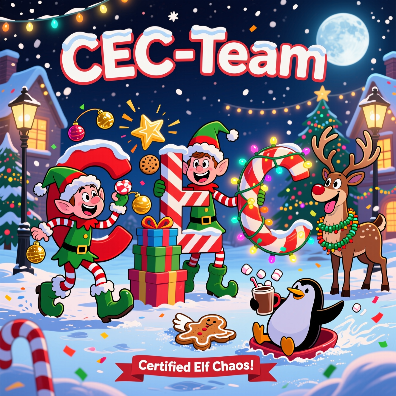 At the top of the Cartoon Style image, CEC-Team

Playful, funny Christmas cartoon scene in bright, saturated colors with thick outlines and exaggerated characters, portrait and full-bleed with clean space left at the top for the title. In a snowy village square at night, three hyper-expressive elves in oversized boots and floppy hats energetically form the letters C-E-C with their bodies and props: left elf bends into a big C while juggling shiny ornaments; middle elf stands as the spine of an E made from stacked gift boxes as the bars (one box slips, cookies and a star fly comically); right elf tangled in glowing fairy lights curls into another C, the bulbs casting colorful reflections on the snow. A goofy reindeer with huge antlers photobombs from the side, tongue out, wrapped in tinsel; a penguin belly-slides through holding hot cocoa as marshmallows bounce; a gingerbread cookie belly-flops into the powder making a cookie angel. Festive background: candy-cane lampposts, an over-decorated spruce, warm window glows, twinkling string lights overhead, a big moon and sparkly snowfall. Add lively motion swooshes, starbursts, and confetti-like snow for comedic energy. Bold cel-shading, glossy highlights, high-contrast reds, greens, golds, and icy blues. Title lettering styled like chunky candy-cane stripes with snowy caps and a bold outline.

At the bottom, a small playful ribbon caption, single short line: Certified Elf Chaos!

No other text, no watermark or signatures. Crisp clean lines, whimsical, energetic, laugh-out-loud tone.
Generated with these themes: CEC Greetings for Christmas, and .
Made with ❤️ by AI.