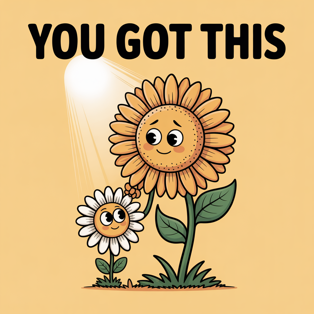 At the top of the image, "You got this":

- In the center of the image, create a heartfelt cartoon scene with a giant sunflower standing tall, its petals slightly drooping, but with a determined expression on its face.
- A smaller flower, perhaps a daisy with big, friendly eyes, is holding up one of the sunflower's petals as if offering support.
- A gentle ray of sunlight shines down, creating a warm, comforting atmosphere around the duo.
Generated with these themes: Flowers, Support, and .
Made with ❤️ by AI.