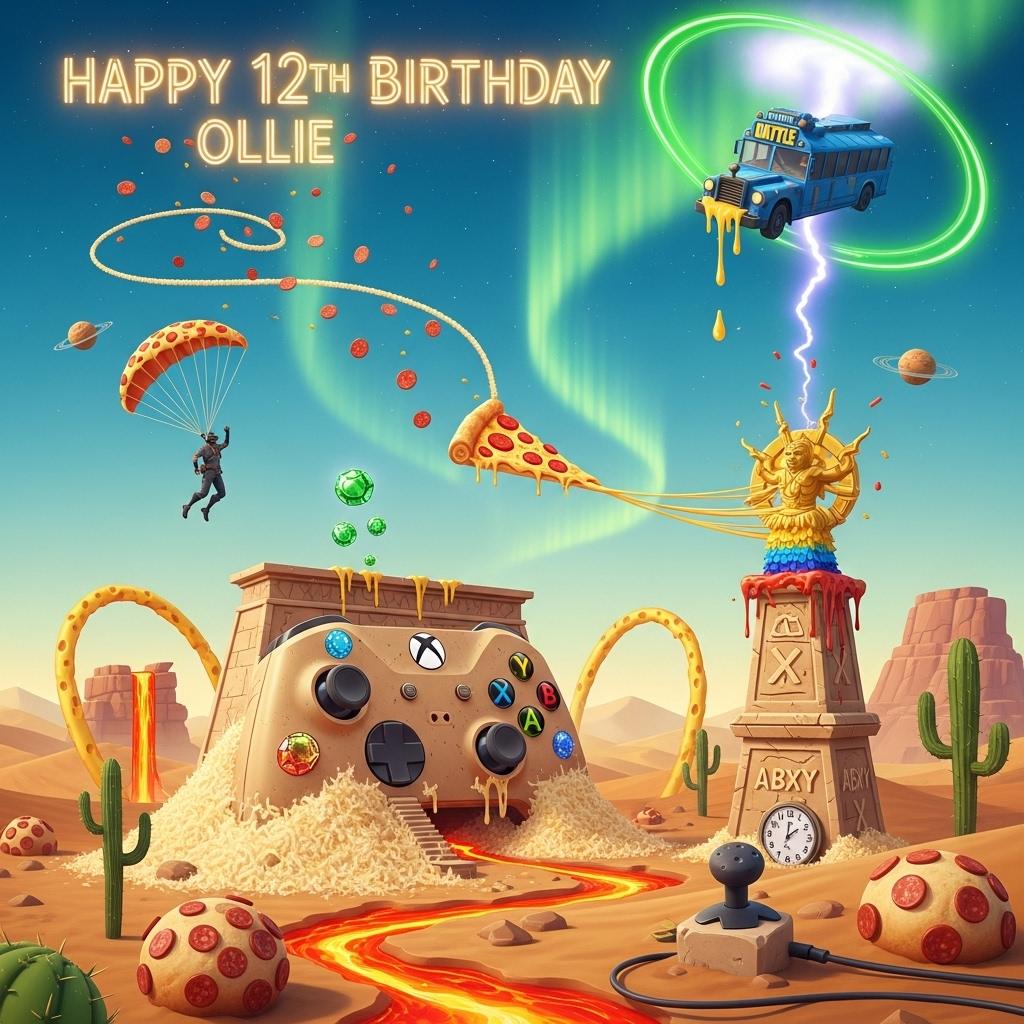 At the top of the Surreal Style image, “Happy 12th Birthday Ollie” written as glowing mozzarella-lasso lettering, arcing like a whip across the sky and sprinkling pepperoni confetti.

Dali-inspired, dreamlike desert-temple vista where reality melts: a colossal ancient temple shaped like an Xbox controller sags into dunes of grated parmesan; jeweled ABXY buttons glint, while the X button floats off its face like a tiny emerald sun. A daring, fedora-wearing archaeologist silhouette glides Fortnite-style beneath a giant pizza-slice parachute; gooey cheese strands stretch into a whip that snaps toward a golden pizza idol perched on a precarious pedestal carved with runic ABXY glyphs. Rivers of tomato-sauce lava loop upward against gravity; rolling boulders are pillowy dough balls studded with pepperoni. Pendulum booby traps are swinging pizza cutters that bend and drip like soft metal.

In the ethereal sky, a melting blue Battle Bus drools luminescent drops that drift upward into a haloing storm-ring aurora of neon Xbox-green. A cheeky loot llama piñata lounges on an obelisk of stacked, clock-like pizza boxes that droop over their edges. Cacti are analog sticks; dunes ripple into controller cables that curl into surreal spirals. Twelve tiny pepperoni planets orbit lazily, echoing the 12th birthday. Volumetric god-rays and long liquid shadows bathe everything in molten gold and electric cyan, with painterly textures, soft focus mirage edges, and impossible, elongated perspectives. No real-world logos; everything is playful, stylized, and otherworldly.

At the bottom in small, cheeky text, neon-green pixel HUD style with tiny sparkle stars: “Press X to Loot the Last Slice.”
Generated with these themes: Indiana jones, Fortnite, Xbox, Pizza, and .
Made with ❤️ by AI.