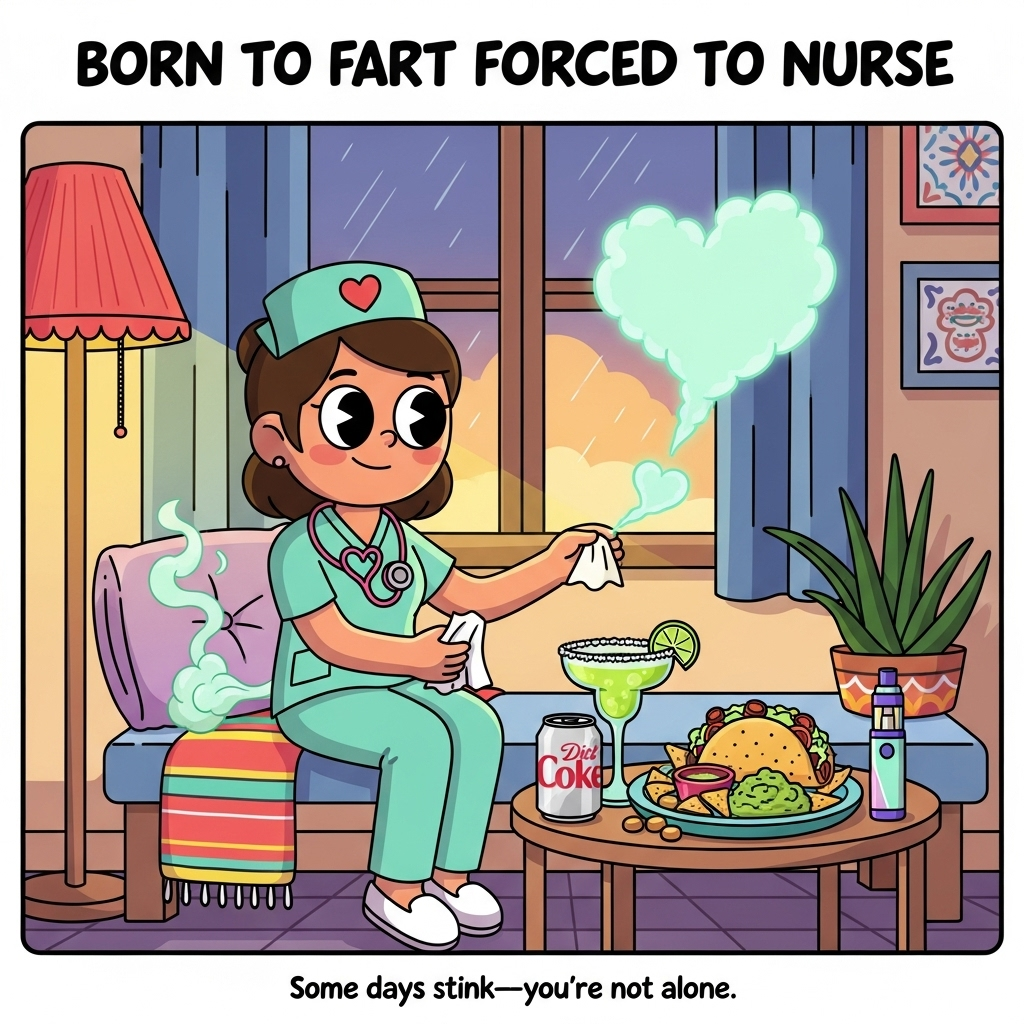 At the top of the Cartoon Style image, BORN TO FART FORCED TO NURSE

Sincere, comforting cartoon scene with playful characters in a bright, saturated palette and thick black outlines. Portrait orientation, large central composition. A warm, big-eyed nurse in soft teal scrubs with a heart-shaped stethoscope sits on a bench under gentle lamplight, offering a tissue with a kind, supportive smile. Next to them, a small side table holds a sparkling margarita with a salted rim and lime wedge, a silver Diet Coke can, a plate of colorful Mexican comfort food (tacos, chips, guacamole), and a slender pastel vape pen.

Keep humor tender: a tiny mint-green fart wisp near the nurse’s hip curls upward and softly blends with the vape’s vapor into one large, glowing heart-shaped cloud floating above. Background: cozy room with a rain-speckled window at dusk, calm golden light, a serape-striped throw draped on the bench, a small potted aloe, and a few subtle Talavera tile accents. Expressions gentle, posture caring; whimsical shapes with clean flat shading and soft gradients in teal, coral, lime, and lavender.

At the bottom in small, friendly hand-lettering: Some days stink—you’re not alone.
Generated with these themes: Fart, Diet Coke, Nursing, Margaritas, Mexican Food, Alcohol, Vaping, and .
Made with ❤️ by AI.