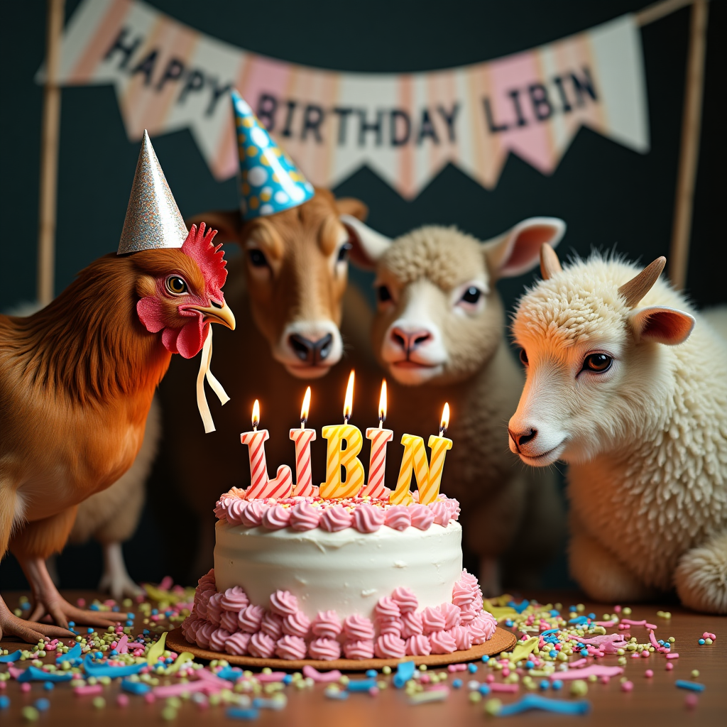 **Image Prompt:**  
A hyper-realistic photograph of a group of farm animals (a chicken wearing a sparkly party hat, a goat trying to blow a noisemaker, and a sheep tangled in colorful streamers) all gathered around a birthday cake that’s clearly for a human. The cake has the name "LIBIN" spelled out in candles, one of which is melting onto the frosting. In the background, a cow is awkwardly trying to hang a “HAPPY BIRTHDAY LIBIN” banner but keeps stepping on the ends. One confused llama photobombs the scene with its head way too close to the camera. It’s chaos, it’s cake, it’s comedy—just another barnyard bash gone wild!
Generated with these themes: HAPPY BIRTHDAY LIBIN.
Made with ❤️ by AI.
