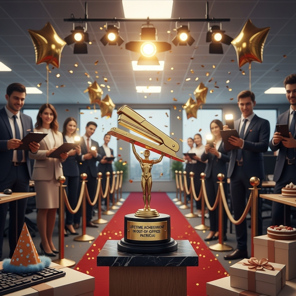 At the top of the Photorealistic picture taken from a camera image, "Congratulations on your retirement Patricia!"

Ultra-high-definition 4K UHD, photorealistic, portrait orientation. Scene: an “office awards night” moment staged in a modern open-plan office. Center frame on a dramatic, gleaming golden office statuette shaped like an oversized stapler held aloft by a tiny laureled pedestal figure, mounted on a glossy black marble plinth. On the plinth’s engraved brass plaque, one short, cheeky line of text reads: Lifetime Achievement in Out-of-Office Replies

Composition and mood: low-angle hero shot of the trophy on a small podium in the middle of a red carpet that runs down the aisle between cubicles. A corridor of coworkers in semi-formal office attire flank the carpet like paparazzi, holding phones and clipboards; a few camera flashes pop, and confetti is frozen mid-air. In the softly blurred background: dangling star-shaped balloons, rope stanchions, a faint sparkle of bokeh from warm tungsten spotlights clamped to ceiling beams. A party hat sits askew on a keyboard at frame edge, and a retirement gift box and cake are visible as creamy bokeh shapes.

Lighting and texture: accurate, cinematic lighting—key light from a warm spotlight rimming the gold, soft fill from overhead panels, subtle reflections on the polished plinth, crisp paper-fiber detail on confetti, realistic fabric textures on suits and blazers. No other text in the scene besides the plaque.

Camera and settings: full-frame DSLR look, 50mm lens, f/2.0 for creamy background bokeh, 1/500s to freeze confetti, ISO 400, balanced white with a warm golden cast. High dynamic range, lifelike skin tones, true-to-life wood grain on the podium.

Typography for the top line: render the “Congratulations on your retirement Patricia!” headline at the very top in elegant cinematic gold-foil lettering with a subtle drop shadow, tasteful kerning, centered, leaving most of the frame dominated by the image.
Generated with these themes: Winning the office oscar, and .
Made with ❤️ by AI.