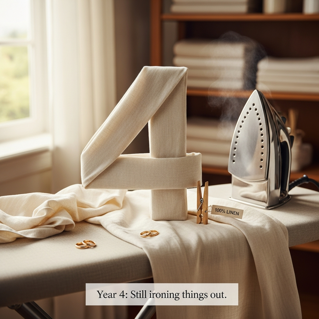 Ultra-high-definition 4K UHD photorealistic DSLR photo, vertical composition. A warm, sunlit laundry nook/bedroom scene: a natural ivory linen sheet is artfully arranged into a large, crisp number “4” on a linen-covered ironing board. A classic stainless-steel steam iron rests to the side with a faint wisp of steam; two gold wedding rings glitter on the linen near the base of the “4.” A pair of wooden clothespins lean together like a couple, and a small “100% LINEN” tag peeks from a fold. Realistic fiber weave, gentle wrinkles, and a lightly pressed sheen where the iron has passed. Soft morning window light, accurate color, shallow depth of field (50mm, f/2.8), rich bokeh on shelves of neatly folded linens in the background, clean and cozy aesthetic. Include a small, witty caption in subtle charcoal text at the bottom center: “Year 4: Still ironing things out.”
Generated with these themes: 4th wedding anniversary, Linen, and .
Made with ❤️ by AI.