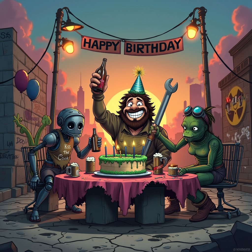 Imagine a bustling post-apocalyptic landscape teeming with quirky details straight out of a cartoon fever dream. The sun sets behind a cityscape of crumbling skyscrapers and twisted metal, casting an eerie glow on the cracked streets below. In the foreground, a merry group of survivors celebrates a birthday amidst the rubble.

Front and center is a makeshift party table crafted from an old car hood propped up on cinder blocks. The hood is covered with a tattered but colorful tablecloth, and atop it sits a birthday cake made from scavenged canned goods and irradiated frosting glowing faintly green. Surrounding the cake are various mismatched beer bottles and rusted tin mugs filled with frothy brews. 

The main character, a grinning, rugged man wearing a party hat fashioned from a tinfoil wrap, raises a beer bottle in a toast. He's got a comically oversized wrench slung over his shoulder, hinting at his role as the group's handyman. His friends—a motley crew including a humanoid robot with an apron reading "Kiss the Cook," a dog wearing aviator goggles, and a cheerful mutant with three eyes—join him in celebration. Each character is brimming with personality, from the robot's mechanical grin to the dog's wagging tail.

In the background, a graffiti-covered wall boasts a mural of a beer mug clinking with a radiation symbol, adding a touch of humor and context to the scene. An overturned shopping cart filled with salvaged party supplies sits nearby, while mutant cacti sprout improbably from cracks in the pavement, their spikes decorated with tinsel and balloons.

Above, an old banner with the words "Happy Birthday" hangs precariously between two bent streetlights, fluttering in the breeze. The streetlights, now makeshift torches, flicker with vibrant flames made from colored rags soaked in oil. 

Every element in this scene tells a story of resilience and camaraderie, combining the absurdity of a cartoon with the dark humor of a post-apocalyptic world. The detailed, richly illustrated scene captures a unique and entertaining birthday celebration amid the fallout, where even in the bleakest settings, joy and beer still find a way.
Generated with these themes: Fallout , and Beer.
Made with ❤️ by AI.