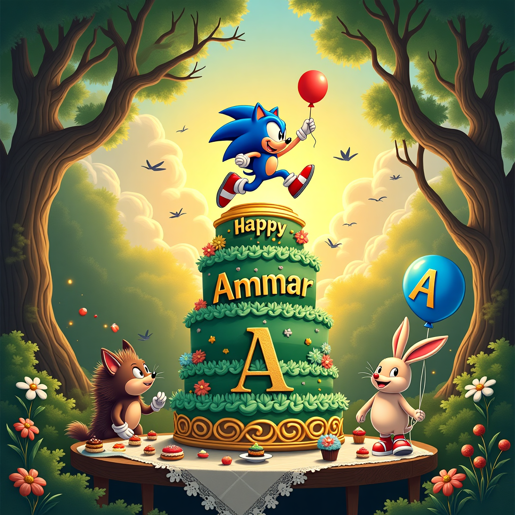 In this imaginative birthday greeting card scene, the whimsical world of Sonic intertwines with the timeless charm of classic illustrators. At the center of the image, a vibrant, fantastical birthday cake in the shape of a golden ring from Sonic's adventures towers up, adorned with intricate layers of emerald icing reminiscent of the lush Green Hill Zone. On the top tier of the cake, Sonic himself is caught in mid-leap, poised as if ready to dash into the scene with his trademark blue blur.

The setting is an enchanting woodland clearing that feels both familiar and otherworldly. Drawing inspiration from Beatrix Potter and Maurice Sendak, the forest is a tapestry of twisting, gnarled trees, their branches arching overhead to form a natural canopy. Between the trees, delicate wisps of clouds float gently, and one particular cloud has taken the shape of the name "Ammar," as though a soft breeze has crafted the letters from ethereal vapors.

In the foreground, a gathering of woodland creatures from the imagination of Arthur Rackham and Edward Gorey are in joyous celebration. A hedgehog, cheekily dressed in Sonic’s red sneakers, offers a mischievous wink to the viewer. Next to him, a rabbit with elongated ears reminiscent of Beardsley's intricate lines is joyfully holding a balloon. The balloon, a glossy cobalt blue, features a gold "A" to further highlight the special day for Ammar.

A rustic wooden table, with a surface adorned with a floral lace cloth inspired by Norman Rockwell's Americana touches, is laden with an assortment of delectable treats. Maxfield Parrish's influence shines through in the radiant hues of the sky, a glorious spectrum of sunset colors casting a warm glow over the scene, perfectly highlighting the intricate details and hidden curiosities nestled within the scene. And in a playful nod to Gustave Doré, a flock of stylized birds soar overhead, arranging themselves to spell out "Happy Birthday, Ammar!" in elegant, swirling formations that echo the divine proportions of Doré's work.

The illustration tells a tale of adventure and celebration, weaving a birthday fantasy where Sonic's speed and the timeless allure of classical illustration styles come together to create a truly unique birthday wish for Ammar.
Generated with these themes: Sonic .
Made with ❤️ by AI.