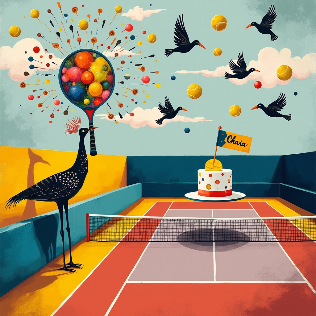 Imagine a tennis court suspended in a whimsical, dreamlike sky, reminiscent of a Kandinsky abstraction with fluid shapes and harmonious colors. The court itself is constructed from bold, geometric lines in primary colors, inspired by Mondrian, with splashes of vibrant paint in a Pollock-esque style scattered across it. 

On the left side of the court, there's a large, surreal bird, perhaps a comically exaggerated peacock with an elaborate, Miro-like tail made of abstract shapes and colorful dots. The bird's feathers seem to playfully mimic the markings of a tennis ball, with tiny tennis ball patterns incorporated into the design.

Opposite the peacock, a tennis racket, oversized and adorned with swirling, Rothko-inspired color blocks, is held aloft by a flock of smaller, whimsical birds in flight. These birds carry the racket like a banner, their wings adorned with scribbles and lines akin to Cy Twombly's spontaneous style.

In the background, the sky is filled with soft, dreamy clouds in pastel hues, inspired by Agnes Martin's subtle and serene palettes. Among these clouds, Chiara’s name is written in playful, looping script, reminiscent of de Kooning's expressive brushstrokes, giving the appearance of being gently written by the wind.

Floating tennis balls, with abstract patterns and vibrant hues, bounce through the air. Some are caught mid-bounce, suspended as if they are weightless, adding a dynamic, energetic element to the scene.

Lastly, at the center of the court, a birthday cake that defies gravity and conventional form—a cake that seems to swirl and shift shape, as if inspired by Richter’s fluid and enigmatic paintings. The cake is decorated with small, abstract bird figures and tennis rackets, and atop it, a small flag reads, "Happy Birthday, Chiara!" in a bright, cheerful font.

This fantastical and humorous scene marries the worlds of tennis and birds in a uniquely abstract and celebratory way, making it the perfect cover for Chiara's birthday greeting card.
Generated with these themes: Tennis, and Birds.
Made with ❤️ by AI.