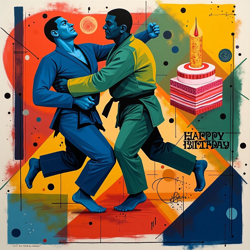 Front and center, imagine a large, abstract representation of two Jiu Jitsu practitioners, but instead of realistic figures, they are depicted as an interplay of geometric shapes and vibrant colors. The "grapplers" are composed of interlocking circles, triangles, and trapezoids—each shape in hues of electric blue, vivid orange, and neon green. Their movements are captured mid-throw, with their shapes dynamically overlapping, like a Mondrian painting that decided to go 3D and kinetic.

The background is a chaotic yet harmonized explosion of colors reminiscent of a Jackson Pollock piece—splashes of bold red, sunny yellow, and striking black dance across the scene, creating a sense of energy and movement. Dotting this chaos are small, round shapes, each painted with swirling patterns, channeling Joan Miró's playful, celestial motifs.

In the corners of the card, four rectangular blocks of solid colors—deep crimson, cobalt blue, lemon yellow, and forest green—reminiscent of Rothko's color fields, act as a frame, grounding the visual pandemonium at the center. These blocks are intentionally uneven, hinting at Cy Twombly's characteristic looseness, suggesting that the confines of the card can barely contain the action within.

The top right corner features a stylized birthday cake—a cube with concentric squares in alternating pinks and whites, mimicking Kazimir Malevich's Suprematist shapes, topped with a single, abstract candle that's a mere vertical line in gold. This cake "floats" against the background, defying gravity much like objects in a Gerhard Richter composition.

At the bottom, a strip of diagonal, parallel lines in varying thicknesses—reminiscent of Agnes Martin’s minimalist lines—provides a visual resting place, subtly integrating the text “Happy Birthday” in a futuristic sans-serif font, woven into the pattern as if part of the artwork itself.

The entire scene is a jubilant cacophony of shapes and colors, inviting the viewer to decode the abstract celebration of both art and sport on this special day.
Generated with these themes: Jui jitsu.
Made with ❤️ by AI.