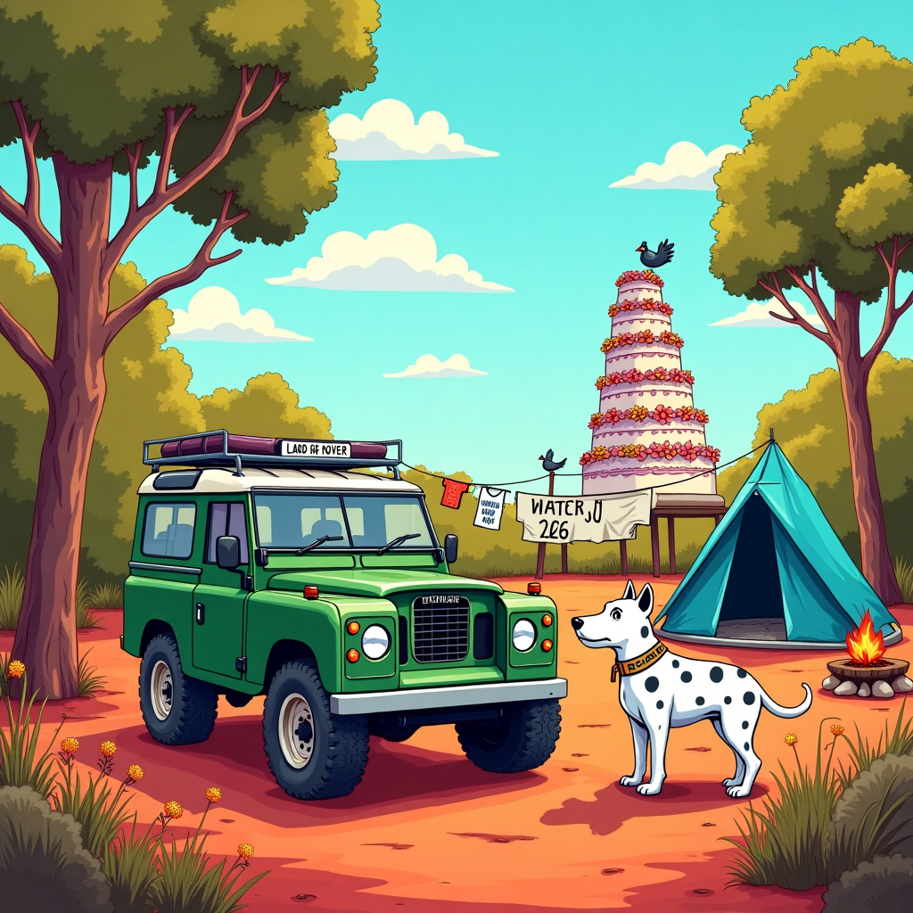 Front and center, a Land Rover 90 Series is parked on a sun-dappled patch of red earth, its vibrant green body exaggerated with cartoonishly large wheels and playful headlights that seem to wink at the viewer. Surrounding the vehicle, a lively and detailed Australian bush landscape unfolds. Eucalyptus trees, with their iconic long, thin leaves, arch overhead, casting dappled shadows on the ground. Sprigs of colorful native flowers—brilliant wattle yellows and bright banksia oranges—dot the underbrush, lending a burst of color to the scene.

Next to the Land Rover, a robust Bull Terrier stands proudly. Its white fur is accented with playful, oversized black spots. The dog sports an amusingly large collar with a tag that humorously reads "Best Man." Its eyes are big and expressive, channeling a Disney-esque character charm.

To the right, a campsite is set up. A classic, round-top camping tent in a bold, sky-blue color sits open, revealing a glimpse of a cozy sleeping bag inside. Hanging from a makeshift clothesline strung between two trees are a variety of amusingly large socks and a T-shirt that reads "Bride" in whimsical lettering. A campfire, rendered in warm reds and oranges, crackles merrily nearby, with a kettle perched on top, steaming away.

On the left side of the scene, a towering, cartoon-style wedding cake demands attention. It's a multi-tiered extravaganza, each layer whimsically lopsided and decorated with edible native flowers. The cake is a riot of color—lavender, pink, and turquoise icing—crafted in the manner of Hergé, with clear, bold lines and a sense of fun.

High above, the bright, clear blue sky plays host to a classic Peanuts-style banner, strung between two birds. In bold, cheerful lettering, the banner reads: "Save the Date 26 June 2026." The text is bold and inviting, set against the backdrop of fluffy, white cartoon clouds.

Incorporate a mix of styles for each element, allowing for playful exaggeration in features and a harmony of vivid colors. The overall composition is dynamic, with exaggerated, whimsical elements that draw the eye and engage the viewer in a celebration of this joyous event.
Generated with these themes: Australian Bush, Land Rover 90 Series, Camping, Bull Terrier, and Cake.
Made with ❤️ by AI.