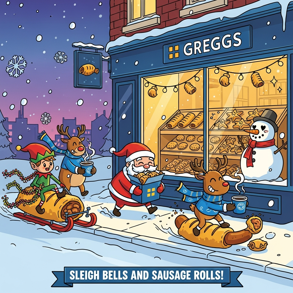 Playful cartoon scene with thick bold outlines, exaggerated proportions, and bright saturated colors: a snowy British high street at twilight with a cozy blue-and-yellow bakery storefront inspired by Greggs glowing warmly from inside. In the window: trays of golden sausage rolls and star-shaped festive bakes; warm oven light spilling onto the frosty pavement. Santa (big jolly head, tiny legs) wobbling in, hugging an overstuffed pastry box; cheeky reindeer in scarves slurping steaming coffees with blue sleeves; an elf surfing a giant sausage roll like a sled, tinsel trailing; a snowman smooshed against the glass with sparkly heart eyes. Fairy lights shaped like mini sausage rolls drape the awning; soft chunky snowflakes fall; energetic motion lines and twinkly sparkles add bounce. Clean cel shading, crisp winter sky gradient (twilight purple to icy teal), portrait, full-bleed composition. Avoid legible logos; keep all text to a single playful caption: small festive ribbon at the bottom that reads “Sleigh Bells and Sausage Rolls!” in chunky white bubble letters with a thick dark outline.
Generated with these themes: Greggs, and .
Made with ❤️ by AI.