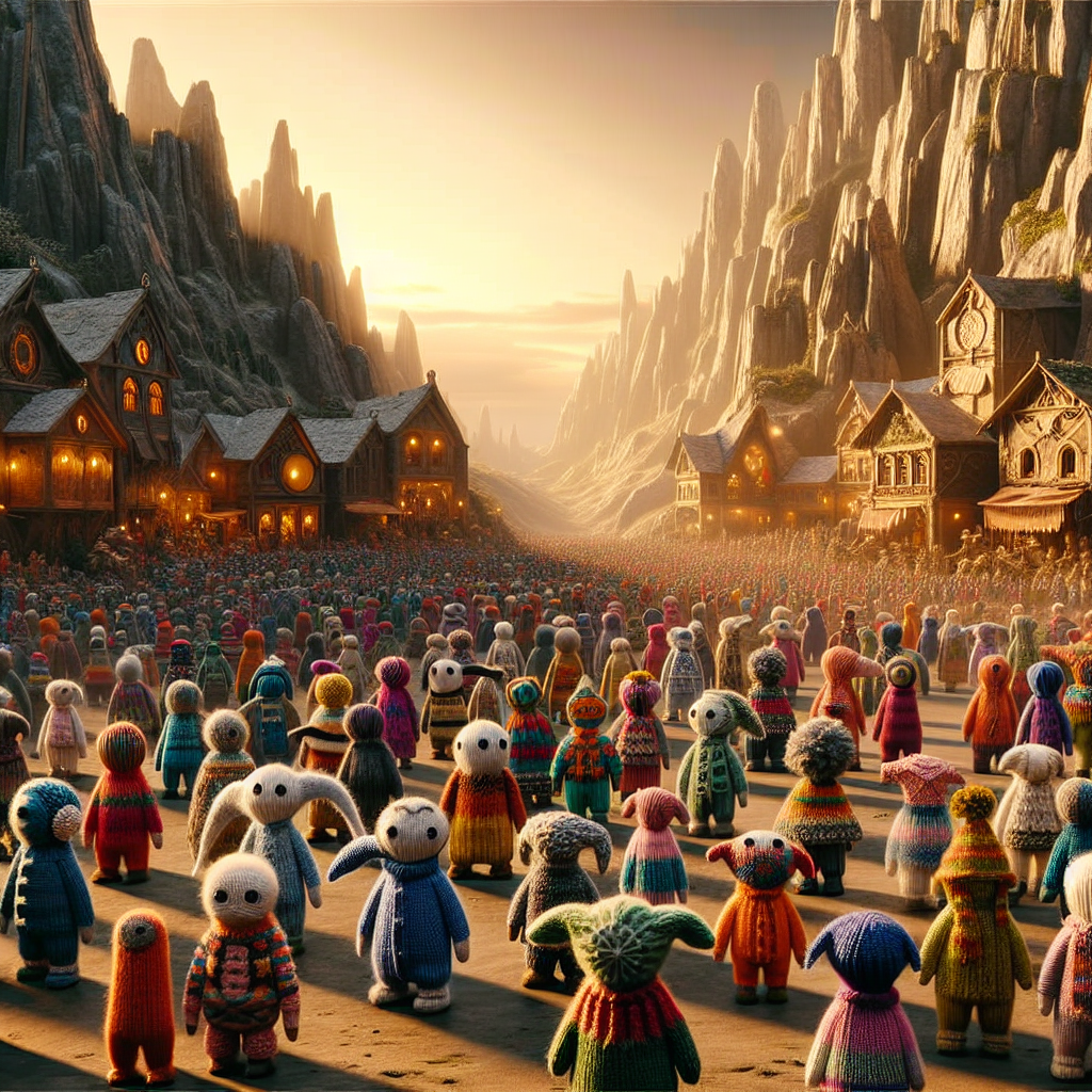 In this engaging scene, we see small and cheerful denizens of a fantasy land clad in unique, vibrantly colored knitwear to celebrate the arrival of a newborn. Each piece of clothing is distinct, indicating the care and skill employed in creating it. They are congregated at the base of a towering mountain which casts a protective gaze over the proceedings. The surrounding area is punctuated by warmly lit taverns, acting as beacons for festivity and communal spirit. Imbued with an air of gentle surrealism, the scene intertwines the impossible with the familiar, all in celebratory anticipation of new beginnings.
Generated with these themes: Hobbits, Knitwear , Mountains, and Pubs.
Made with ❤️ by AI.