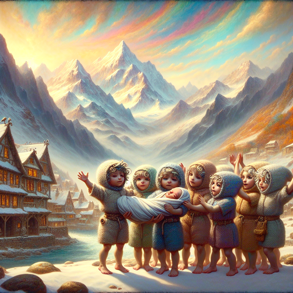 Visualize a scene of whimsy, with petite characters of an unidentified race in comfortable, knitted clothing, their feet without shoes and their hair in curls. They're celebrating together at the base of grand mountain ranges, cradling an adored newborn wrapped delicately in cloth. The sky overhead flows in a dreamy and tinted array of colors, evoking feelings of magical novelty and fresh starts. Nearby, a welcoming tavern nestles against the mountain, its windows emanating inviting warmth and festive joy to commemorate the latest arrival.
Generated with these themes: Hobbits, Knitwear , Mountains, and Pubs.
Made with ❤️ by AI.