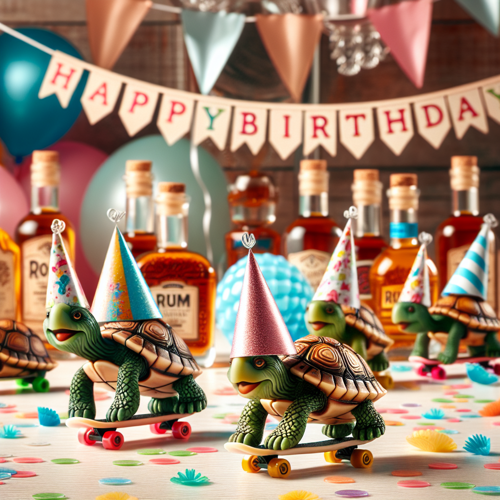 A charming birthday scene with turtles wearing miniature party hats, skating joyfully on skateboards amongst scattered colorful confetti. In the distance, a jubilant banner sways in the cool breeze and a banquet table shows an array of different rum flavors, each bottle decorated with complex, adorable motifs.
Generated with these themes: Skate boards , Turtles , and Rum.
Made with ❤️ by AI.