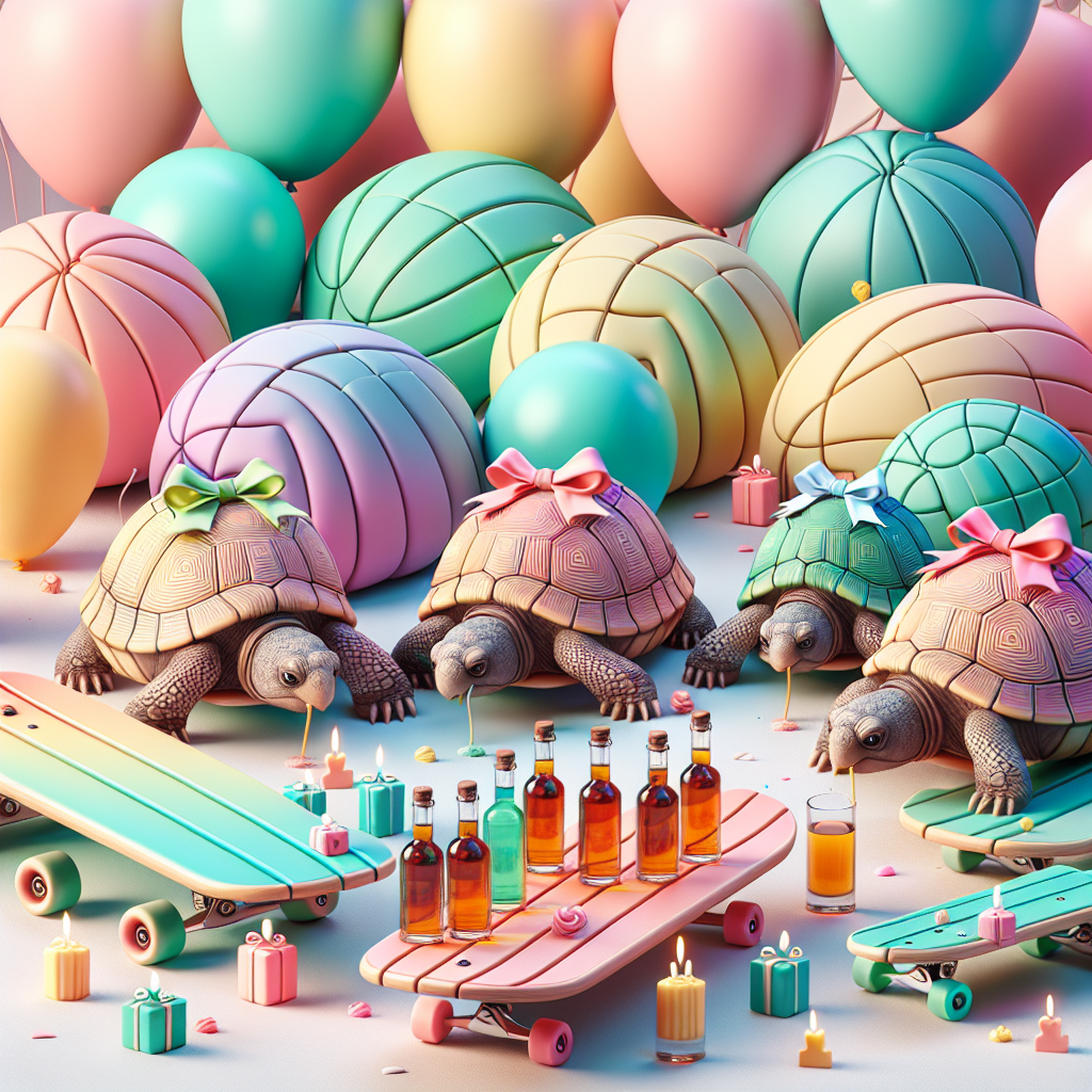 Create an image that sets the scene with a selection of vibrant, pastel-colored skateboards forming an intricate pattern on the ground. Includes endearing turtles, each wearing festive bows, who are curiously exploring and carefully smelling at rum bottles that are artfully arranged around them. The scene is enhanced by soft, fluttery balloons floating gently in the sky overhead, and a whimsical sense of birthday magic infuses the entire tableau with a balloon, cake, and candles to symbolize a celebration.
Generated with these themes: Skate boards , Turtles , and Rum.
Made with ❤️ by AI.
