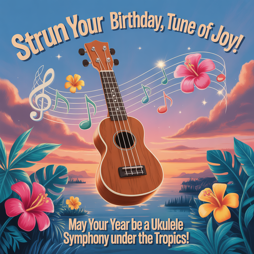 At the top of the image, "Strum Your Birthday, Tune of Joy!"

At the bottom of the image, "May Your Year Be a Ukulele Symphony Under the Tropics!"

- Picture a whimsical scene of a giant ukulele floating above a surreal tropical landscape. Colorful tropical flowers dance around the strings, while musical notes morph into tiny, smiling clouds against a dreamy, melting sunset sky.
Generated with these themes: Ukulele, Music, Tropical flowers , and .
Made with ❤️ by AI.