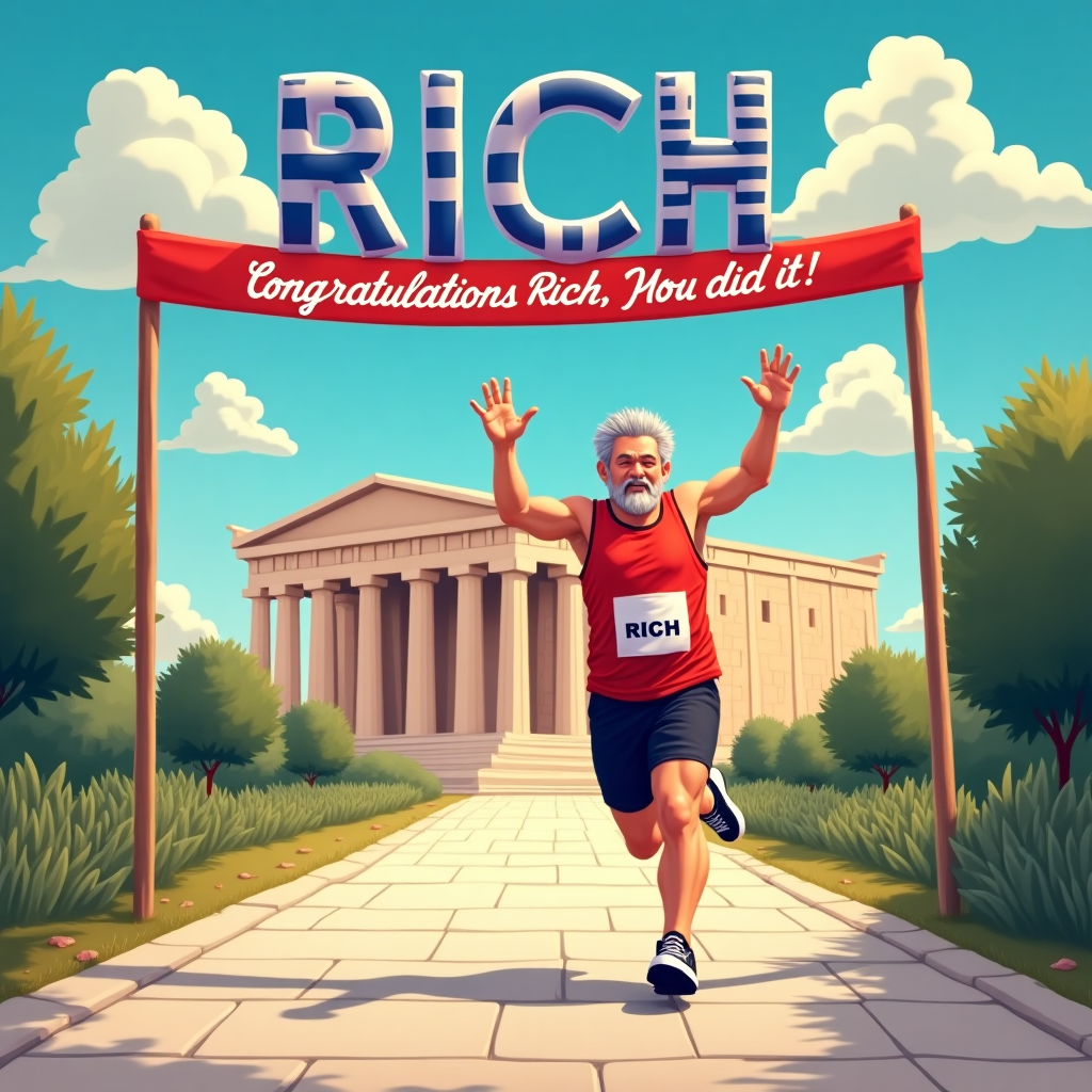 Athens, acropolis, Grey haired runner with red vest, black shorts and white trainers, Greek flag, Back of runner with hands in air crossing finish line, and Congratulations Rich. You did it! Congratulations Card